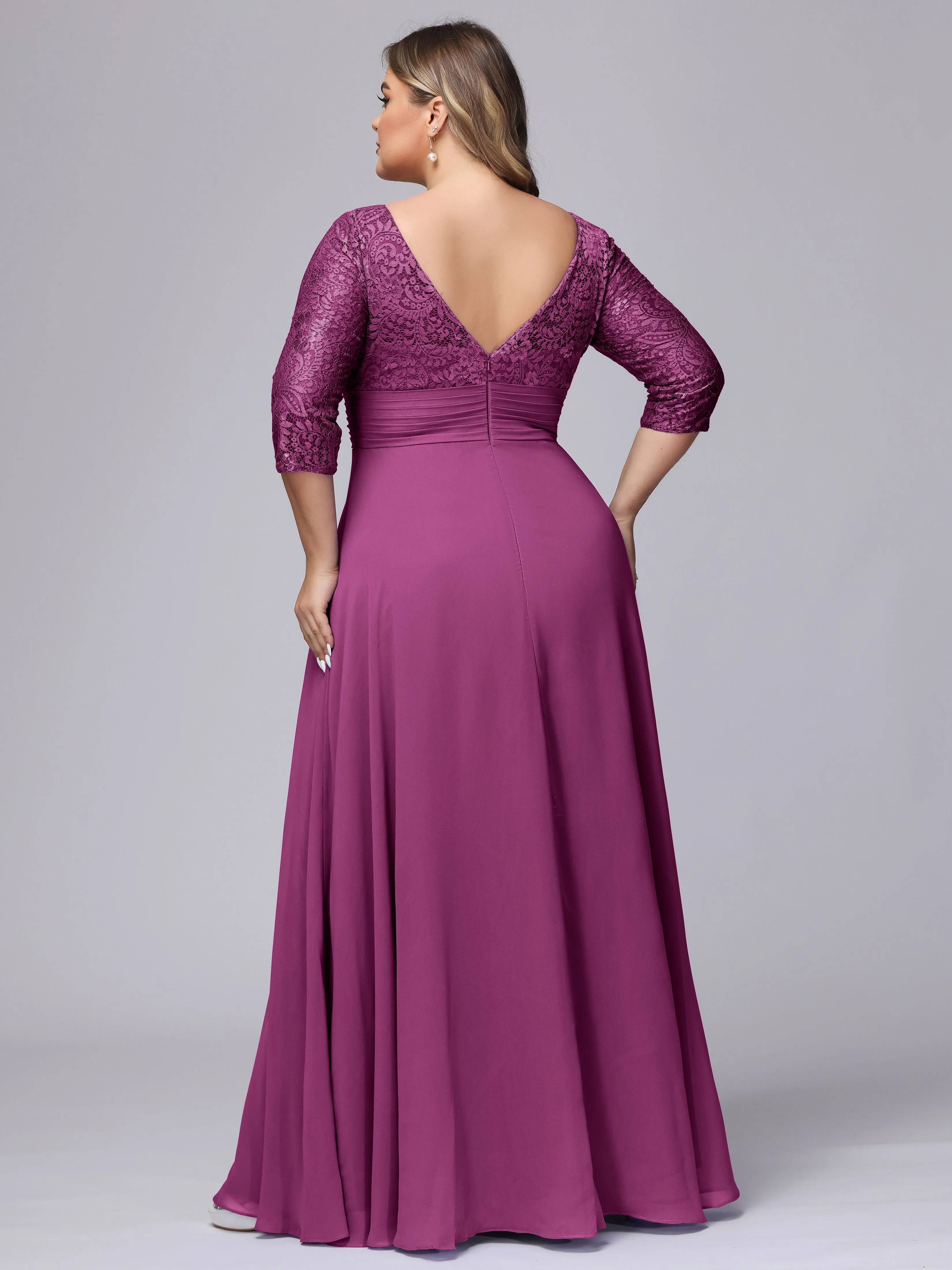 A-line V-Neck 3/4 Sleeves Lace Chiffon Plus Size Bridesmaid Dresses