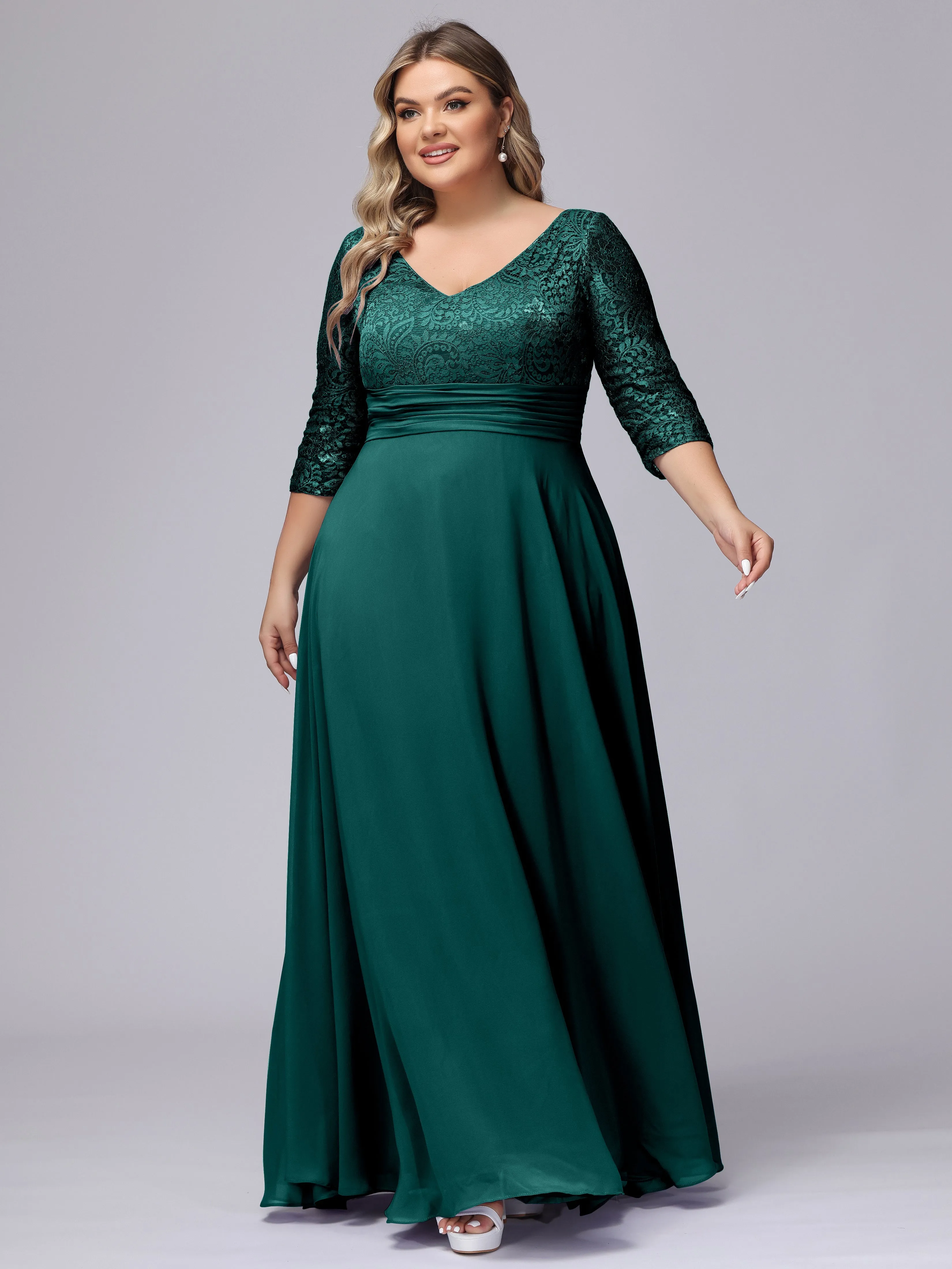 A-line V-Neck 3/4 Sleeves Lace Chiffon Plus Size Bridesmaid Dresses