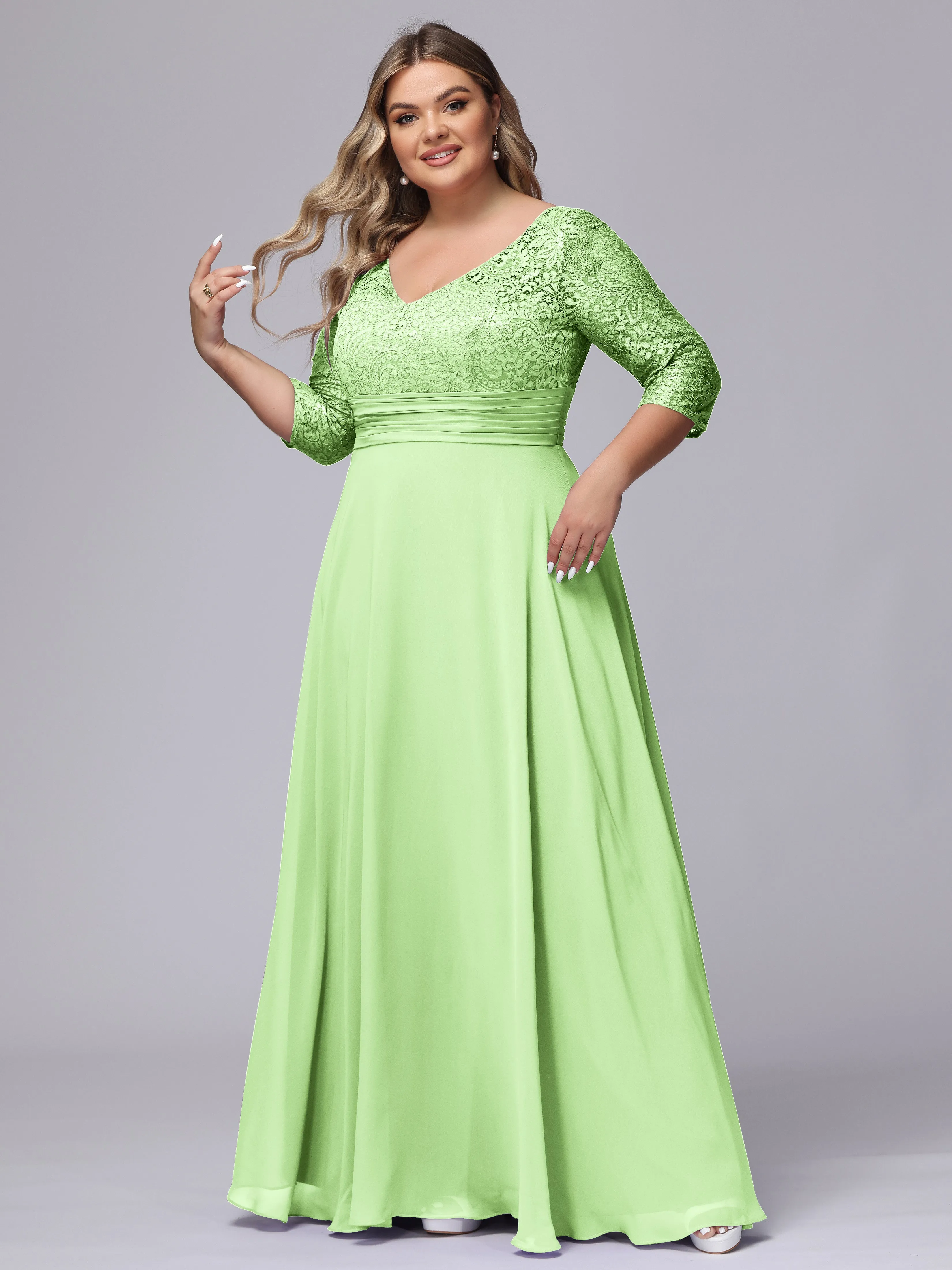 A-line V-Neck 3/4 Sleeves Lace Chiffon Plus Size Bridesmaid Dresses