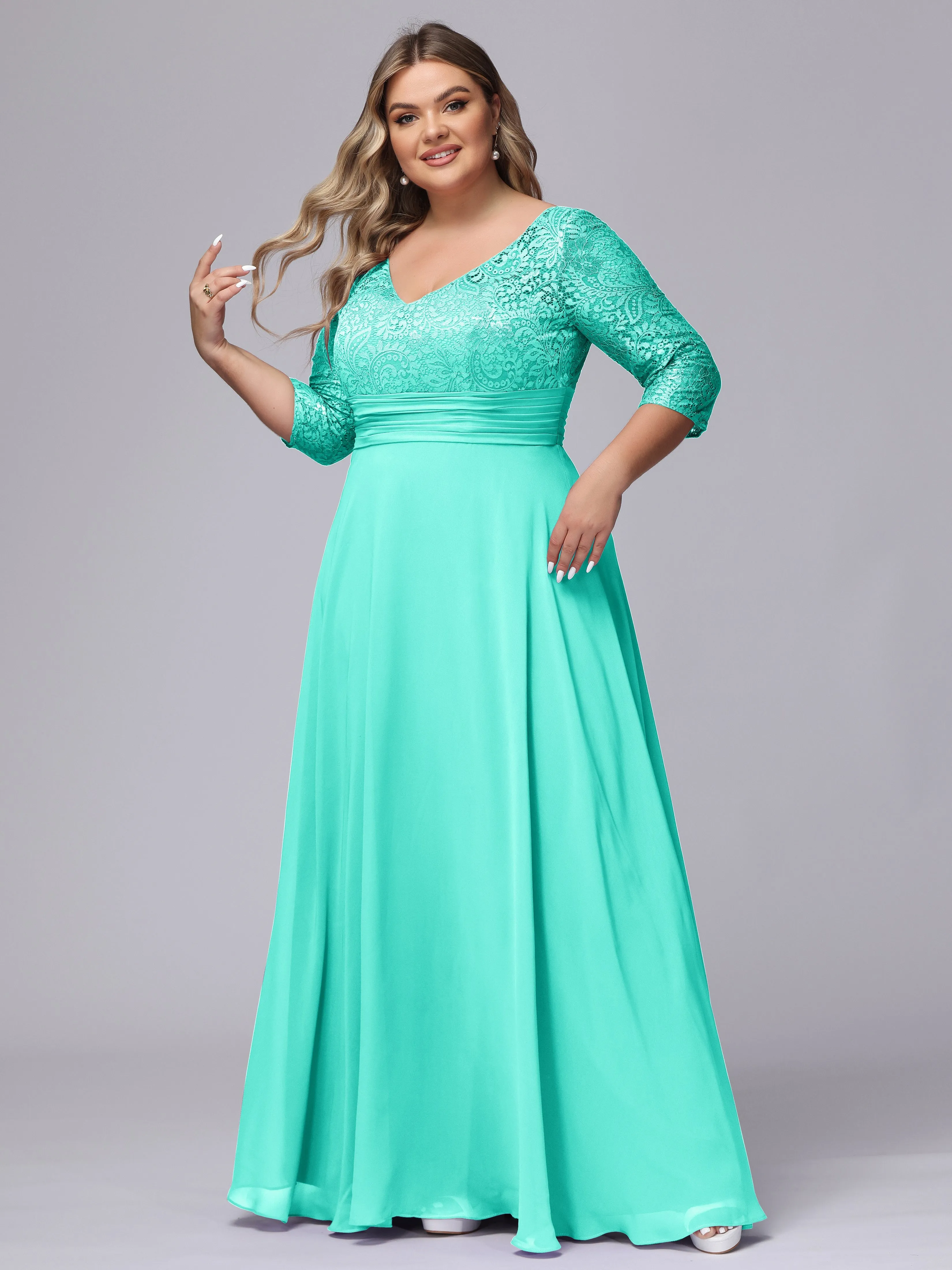 A-line V-Neck 3/4 Sleeves Lace Chiffon Plus Size Bridesmaid Dresses