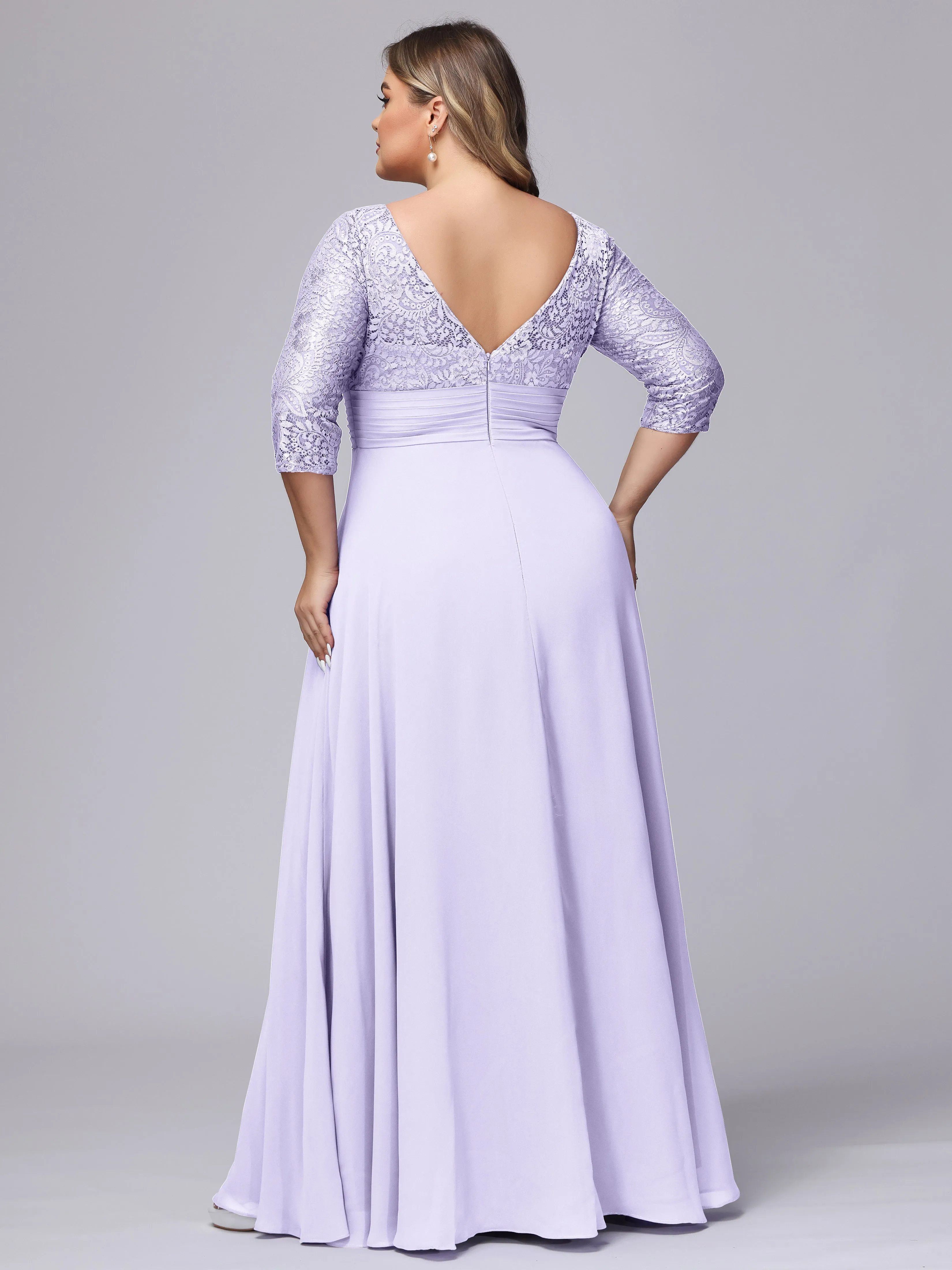 A-line V-Neck 3/4 Sleeves Lace Chiffon Plus Size Bridesmaid Dresses