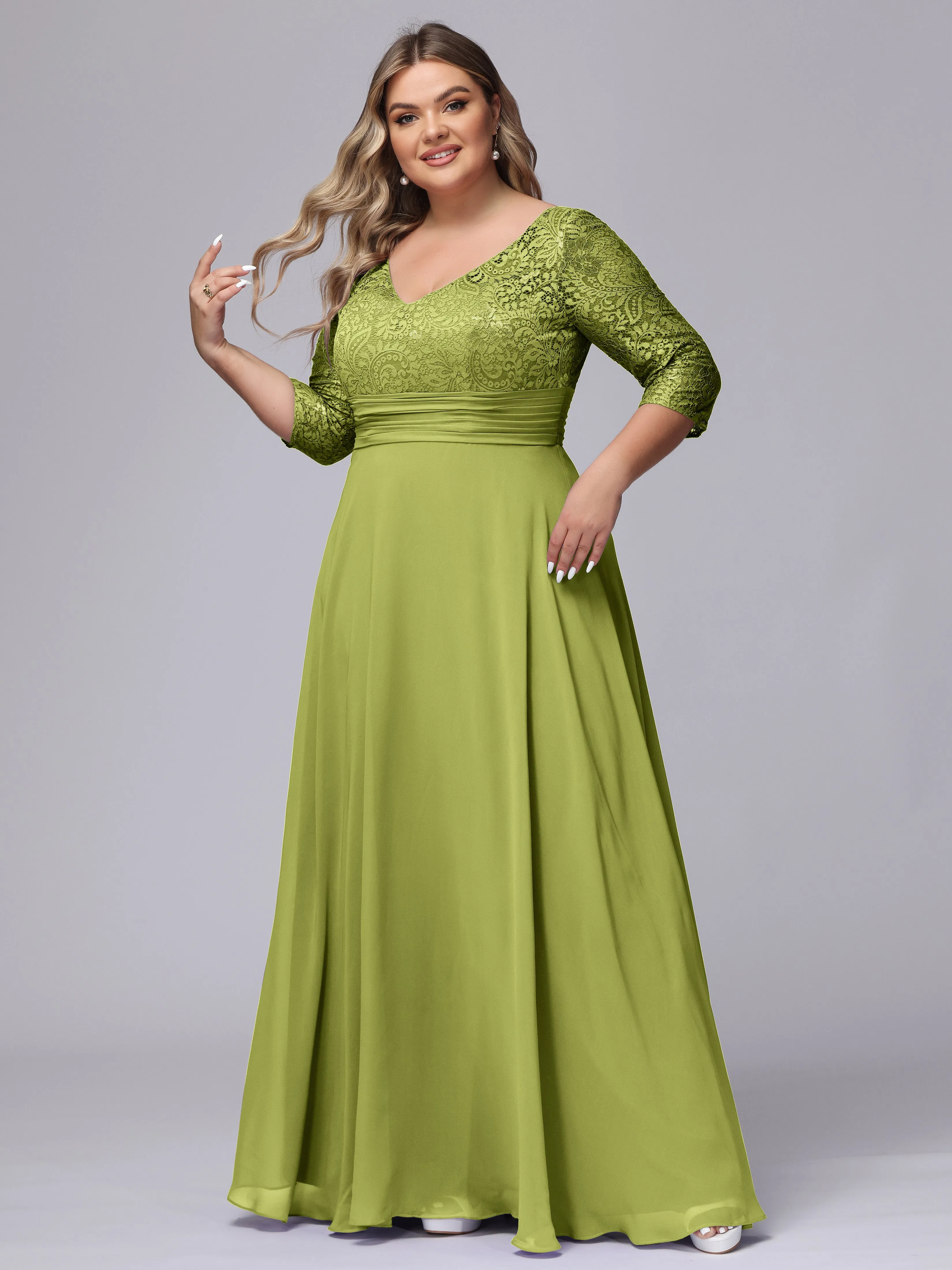 A-line V-Neck 3/4 Sleeves Lace Chiffon Plus Size Bridesmaid Dresses