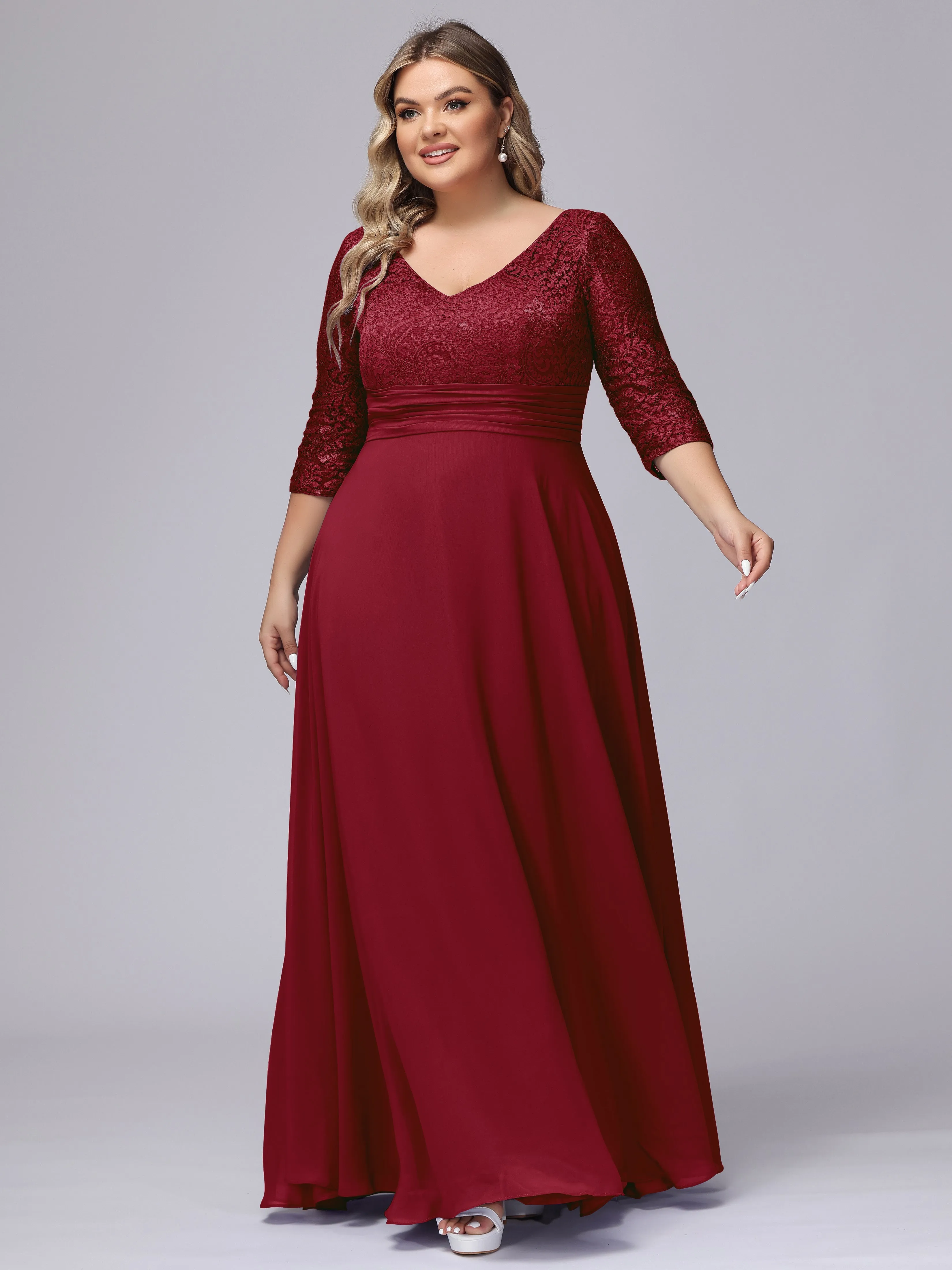 A-line V-Neck 3/4 Sleeves Lace Chiffon Plus Size Bridesmaid Dresses