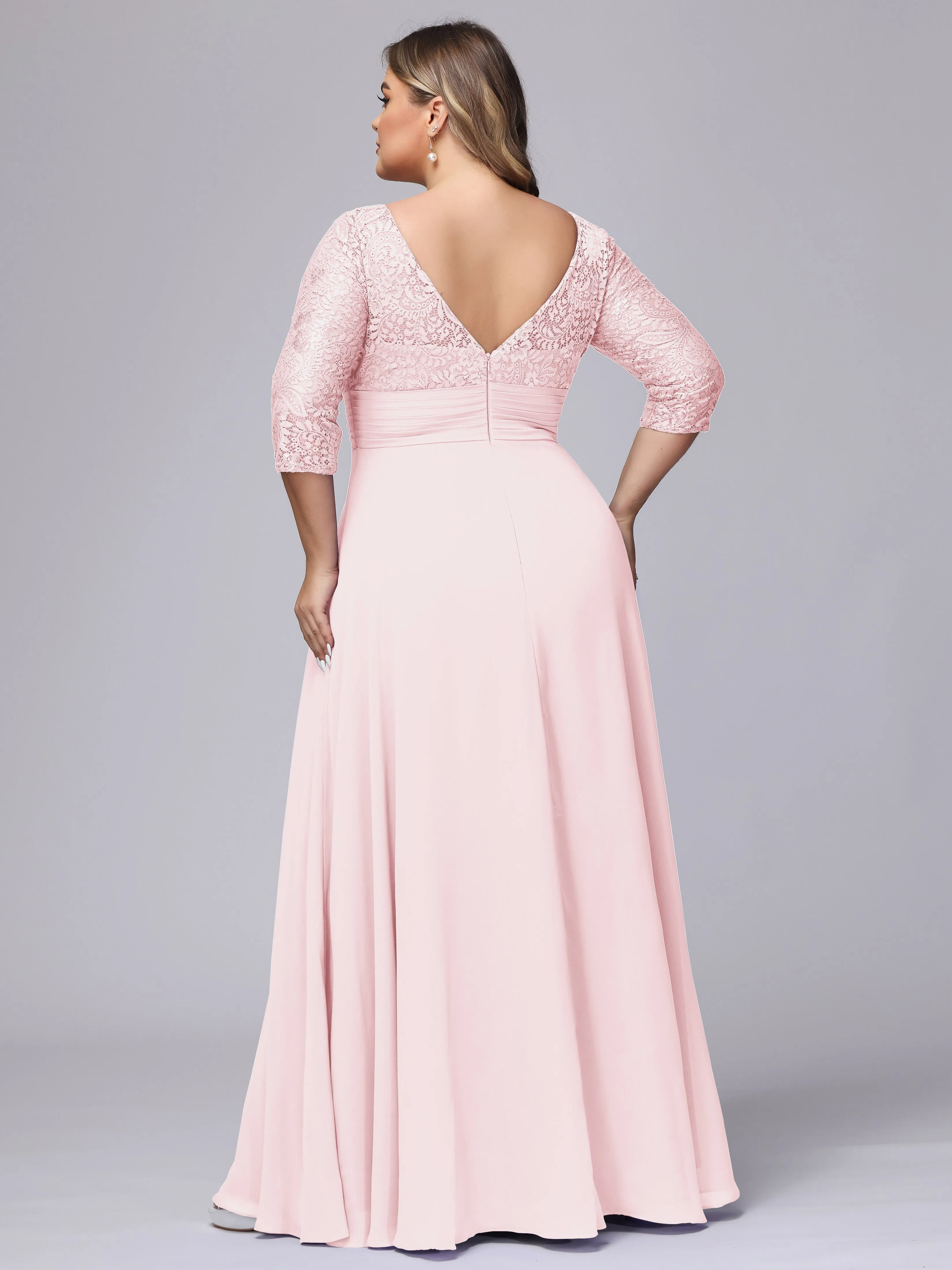 A-line V-Neck 3/4 Sleeves Lace Chiffon Plus Size Bridesmaid Dresses