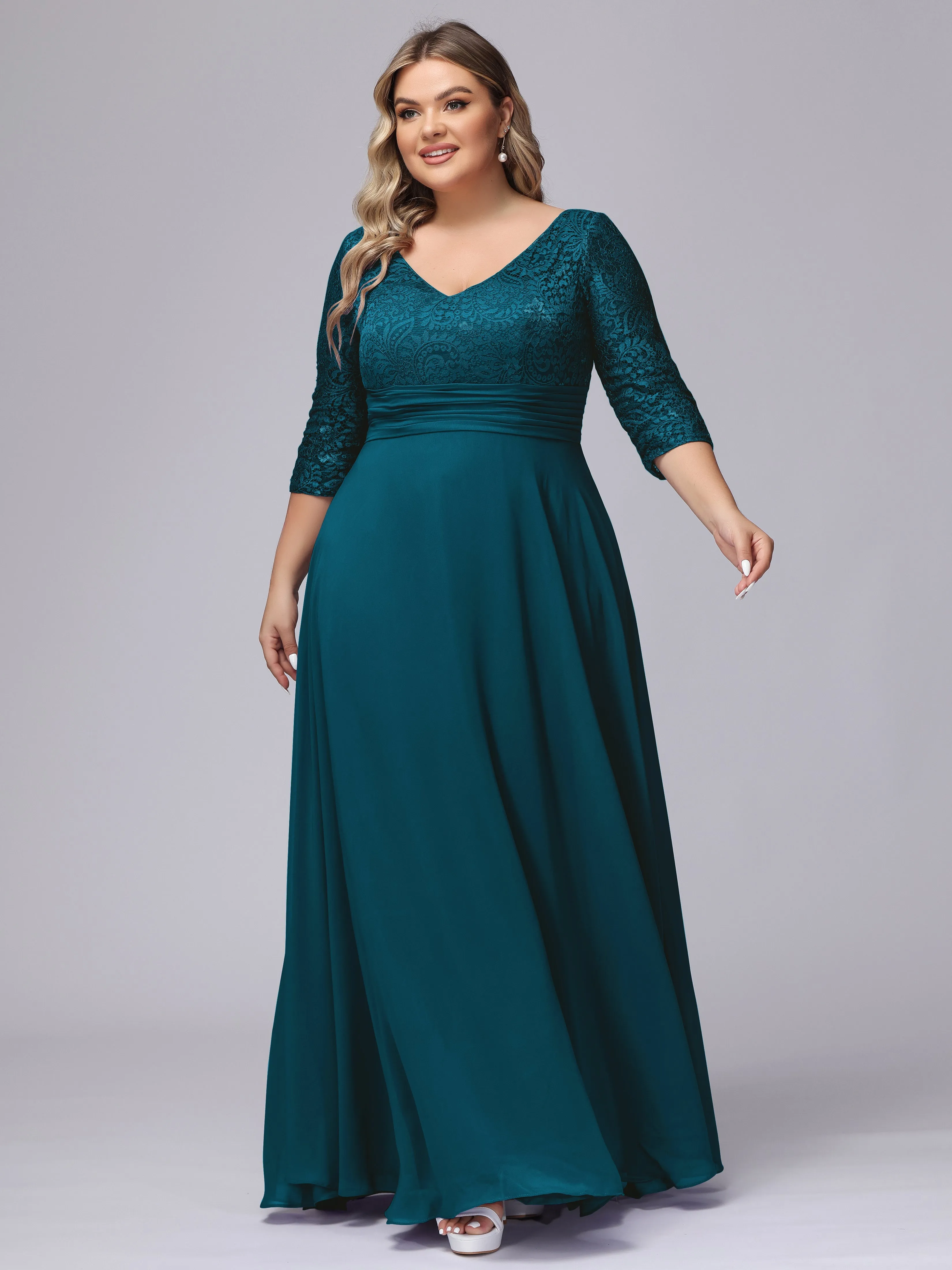 A-line V-Neck 3/4 Sleeves Lace Chiffon Plus Size Bridesmaid Dresses