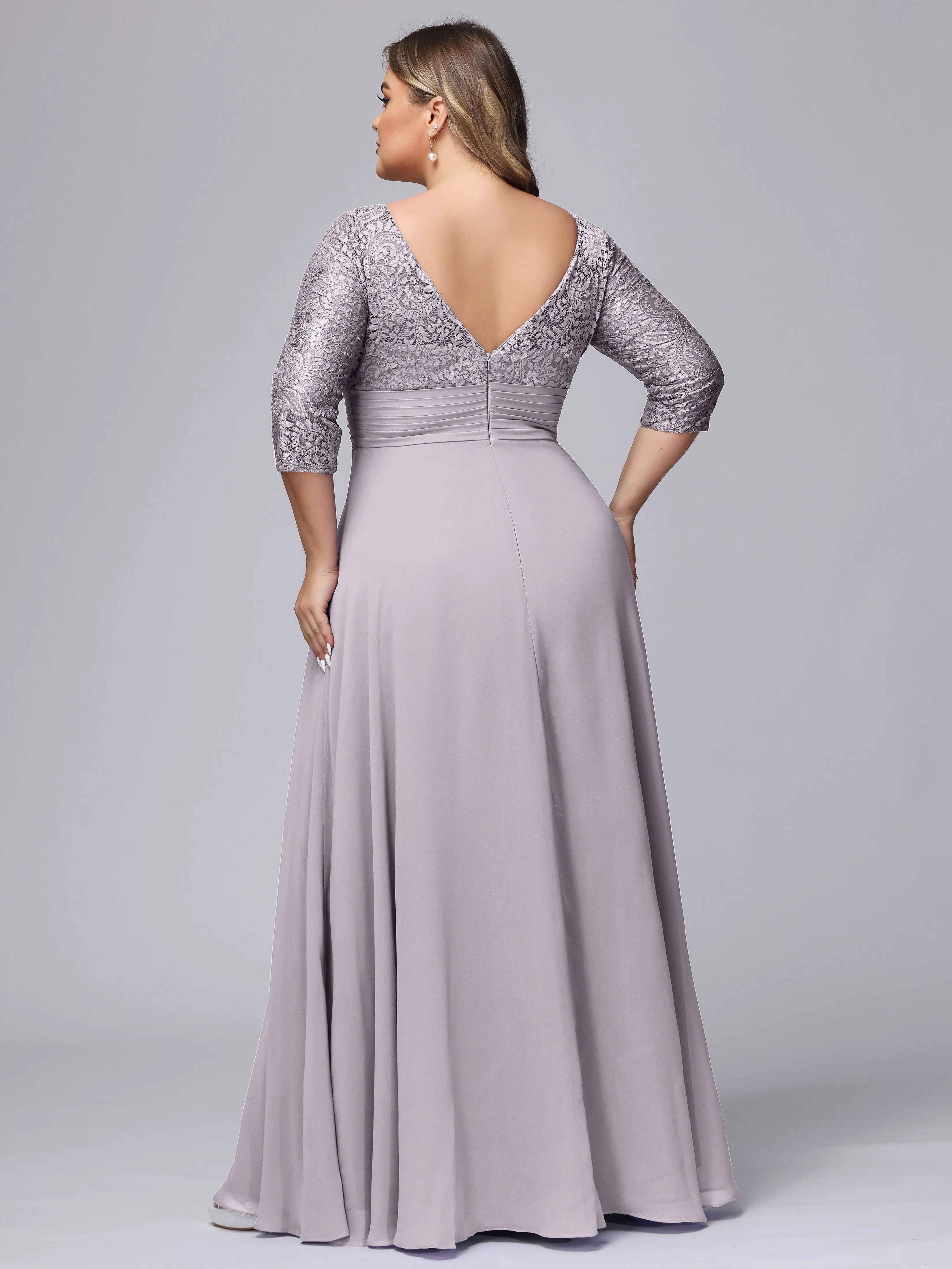 A-line V-Neck 3/4 Sleeves Lace Chiffon Plus Size Bridesmaid Dresses