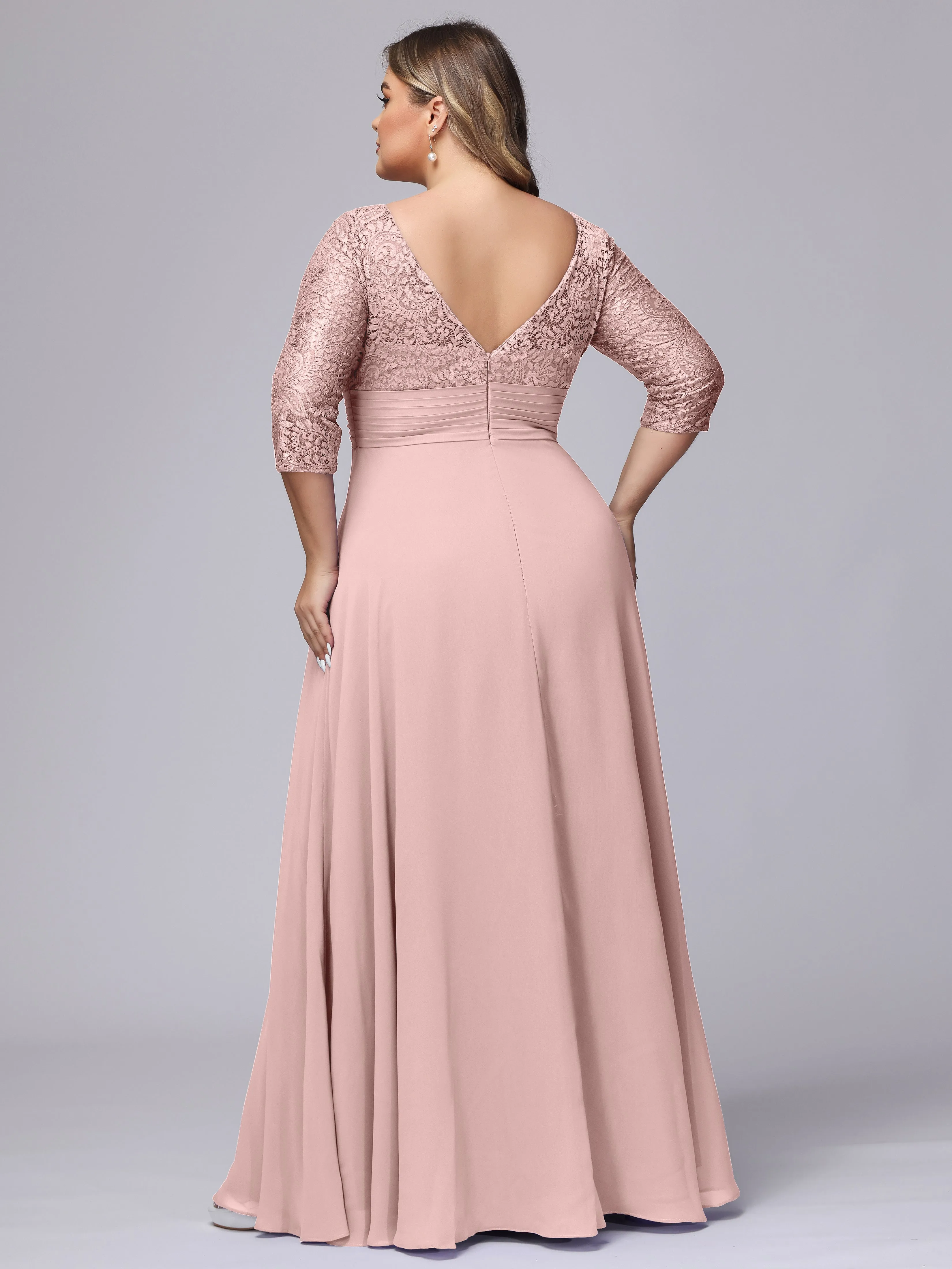 A-line V-Neck 3/4 Sleeves Lace Chiffon Plus Size Bridesmaid Dresses