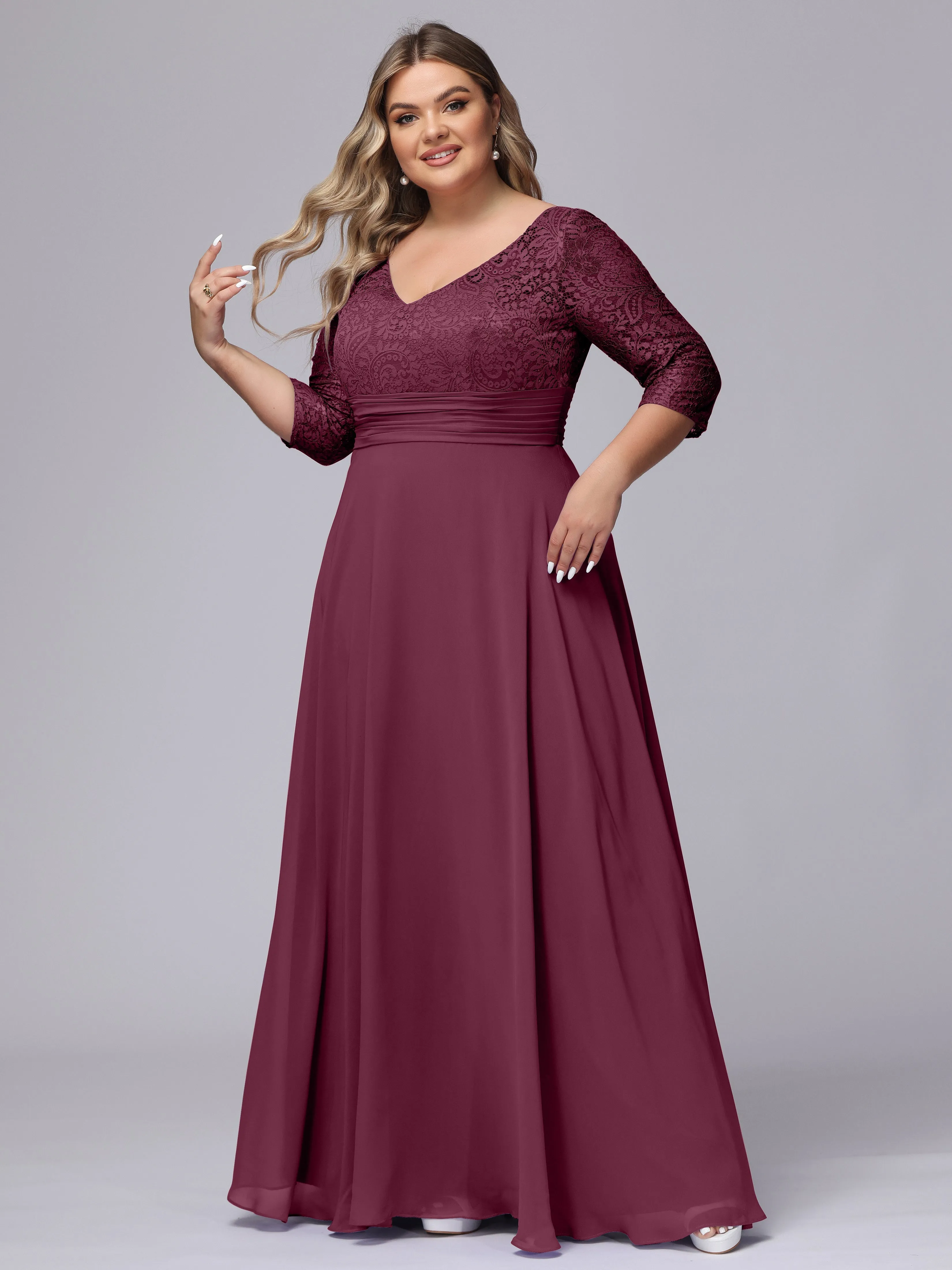 A-line V-Neck 3/4 Sleeves Lace Chiffon Plus Size Bridesmaid Dresses