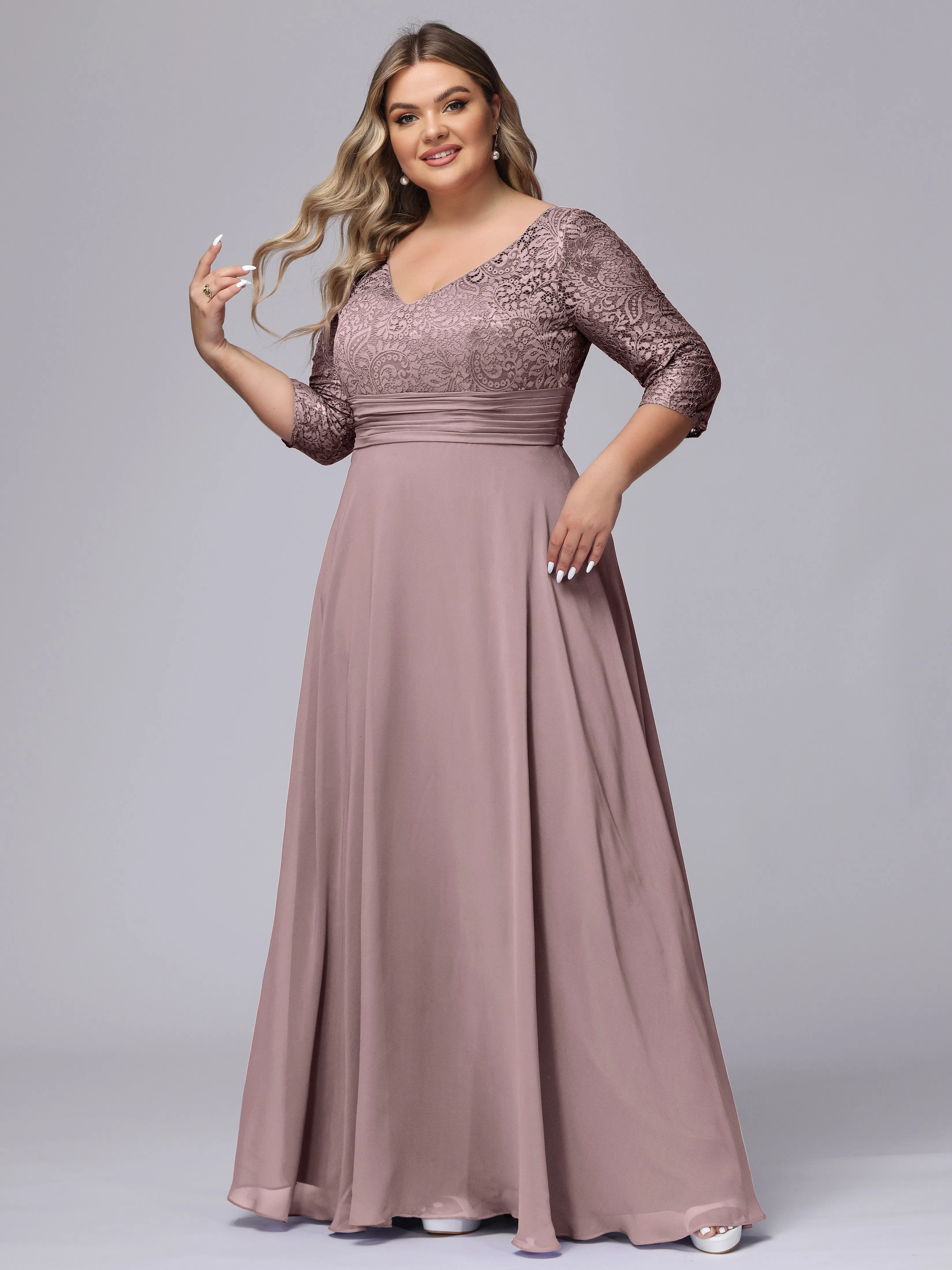 A-line V-Neck 3/4 Sleeves Lace Chiffon Plus Size Bridesmaid Dresses