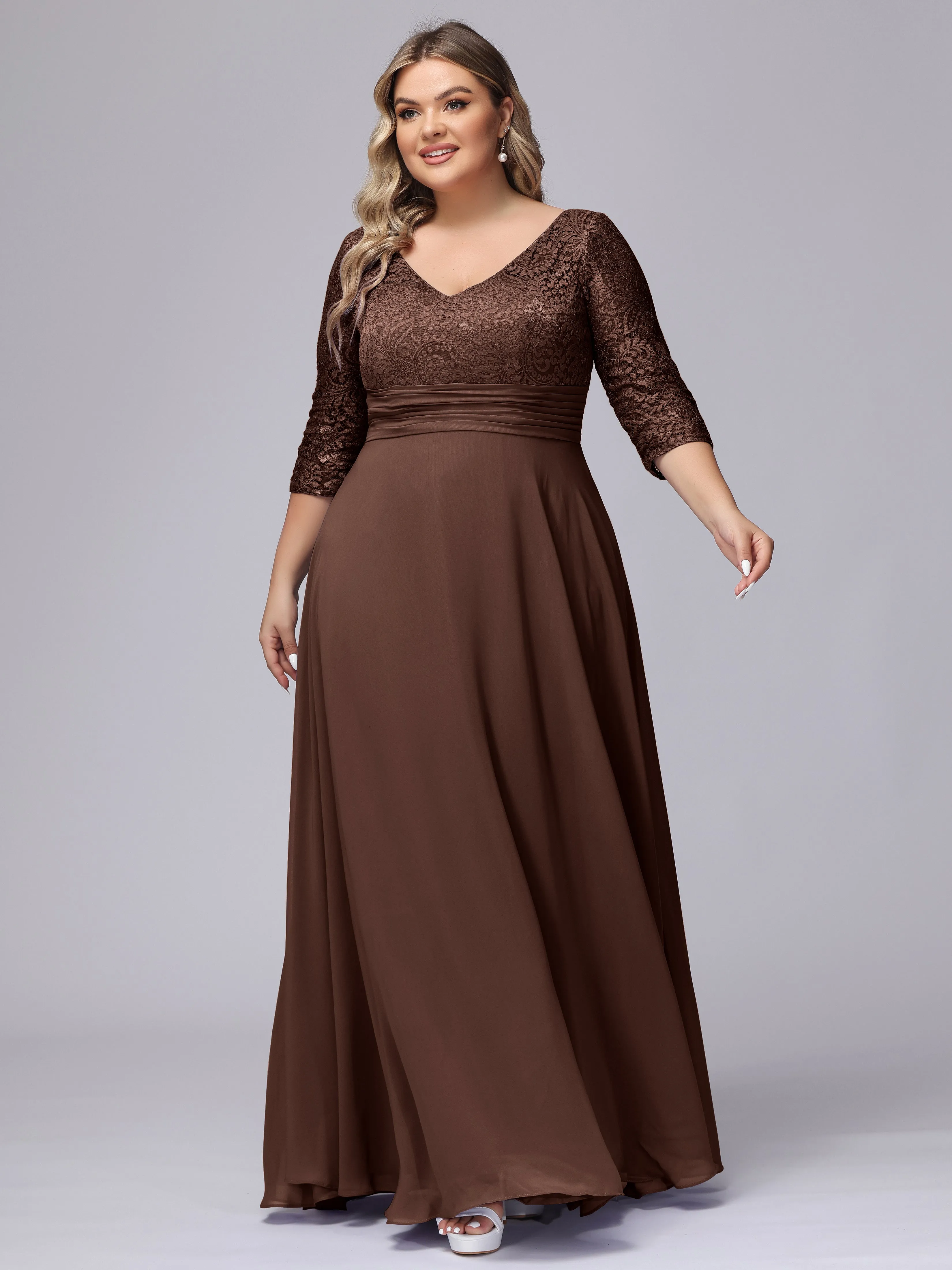 A-line V-Neck 3/4 Sleeves Lace Chiffon Plus Size Bridesmaid Dresses