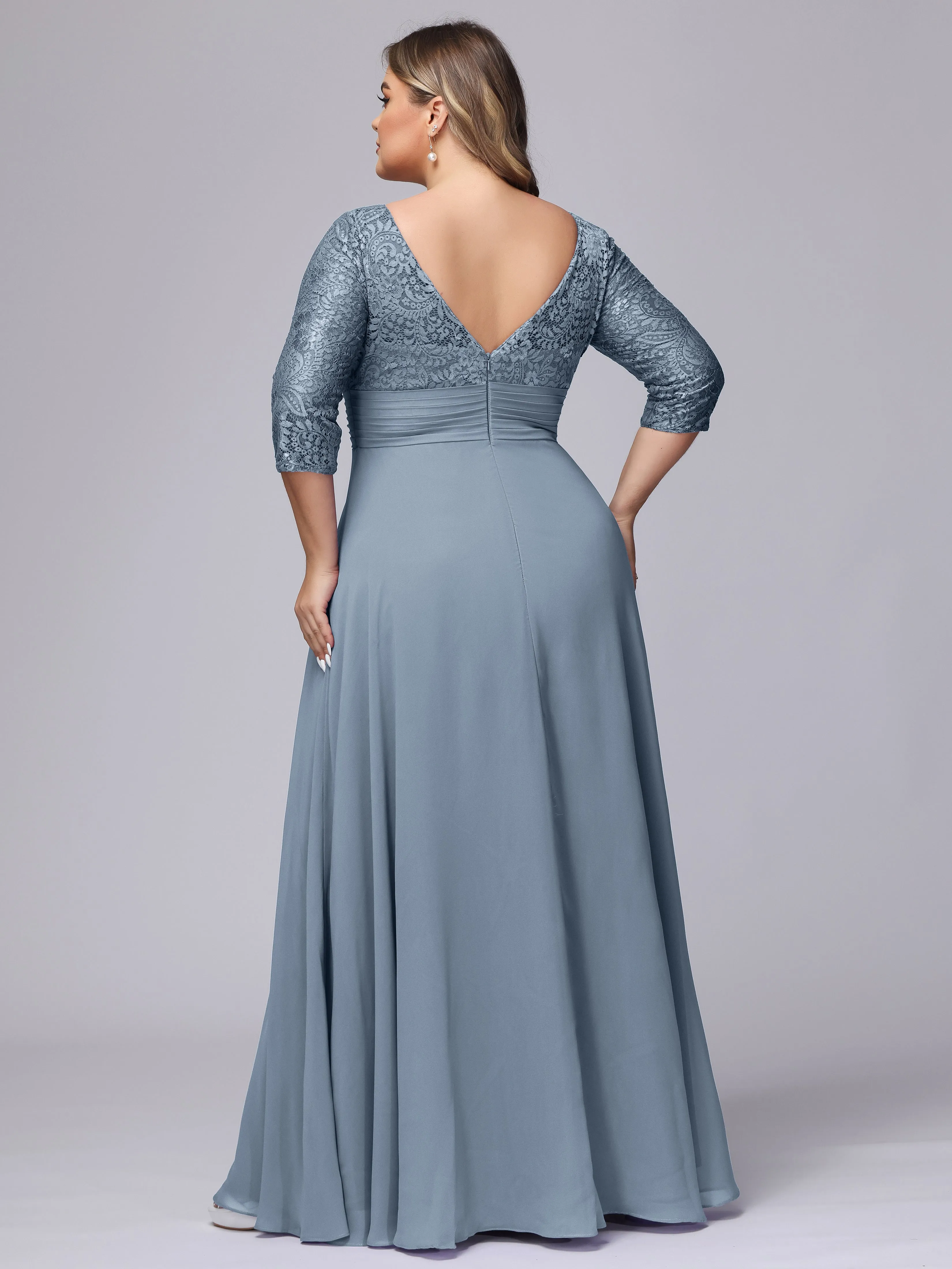 A-line V-Neck 3/4 Sleeves Lace Chiffon Plus Size Bridesmaid Dresses