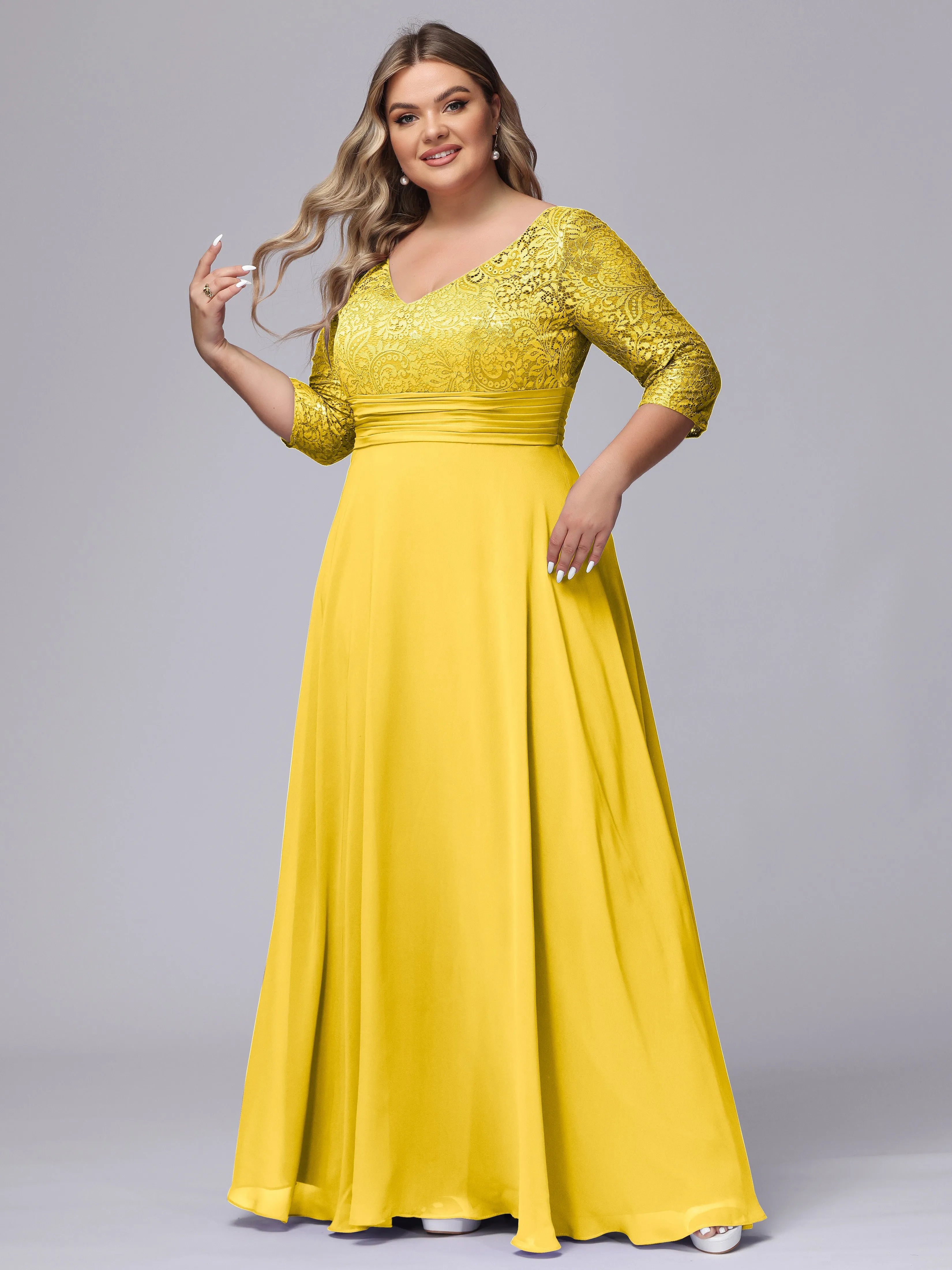 A-line V-Neck 3/4 Sleeves Lace Chiffon Plus Size Bridesmaid Dresses