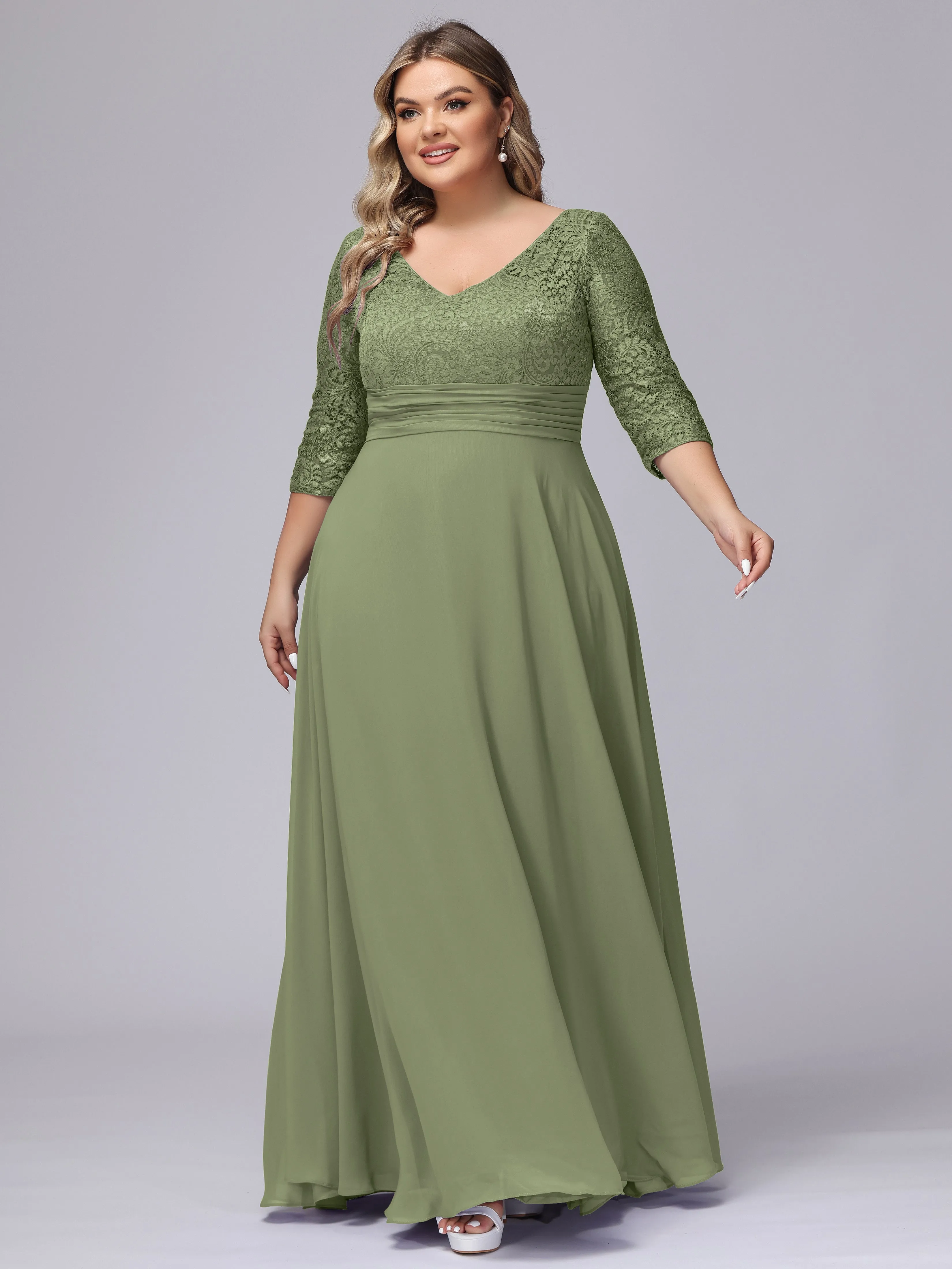 A-line V-Neck 3/4 Sleeves Lace Chiffon Plus Size Bridesmaid Dresses