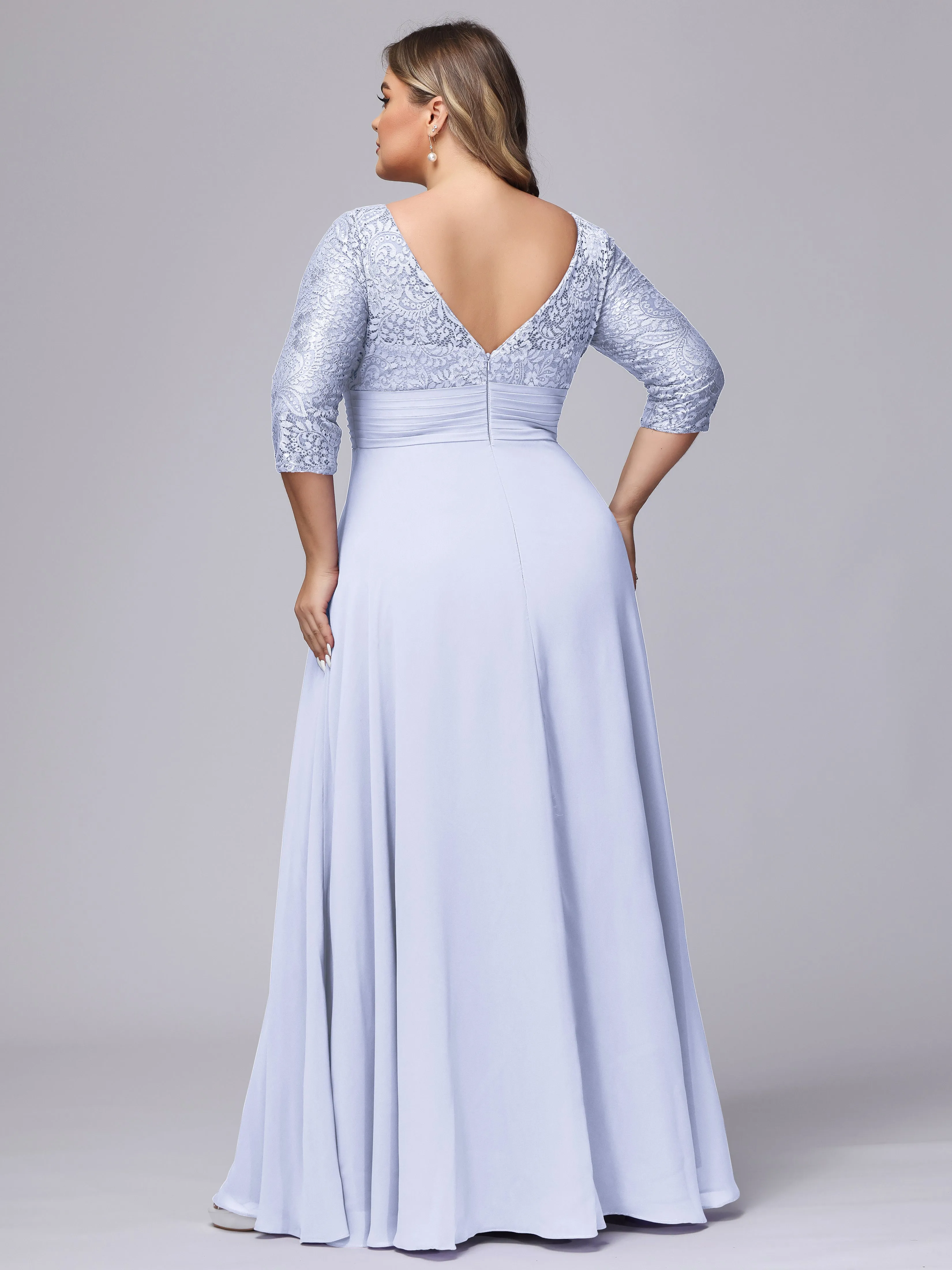 A-line V-Neck 3/4 Sleeves Lace Chiffon Plus Size Bridesmaid Dresses