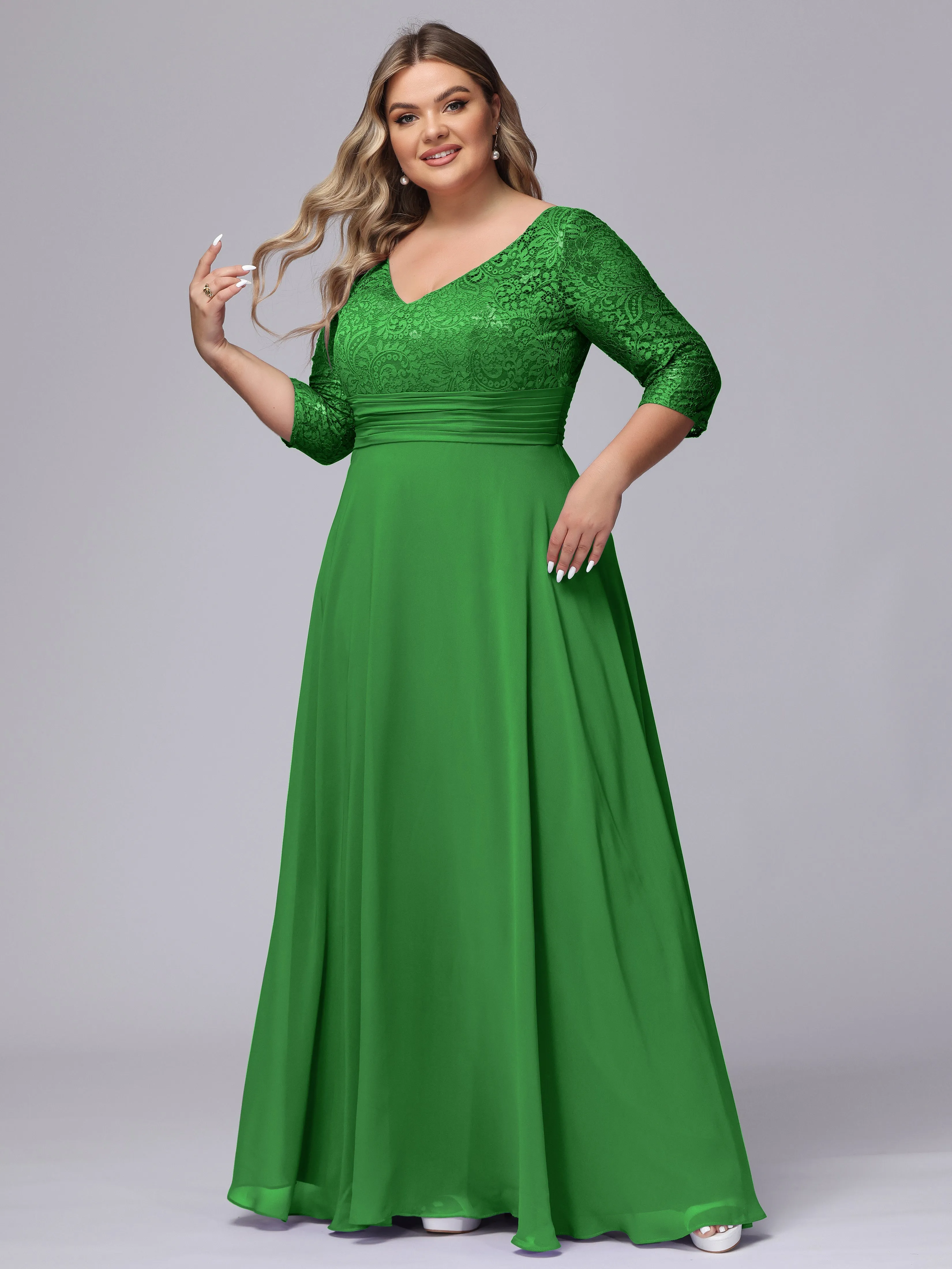 A-line V-Neck 3/4 Sleeves Lace Chiffon Plus Size Bridesmaid Dresses