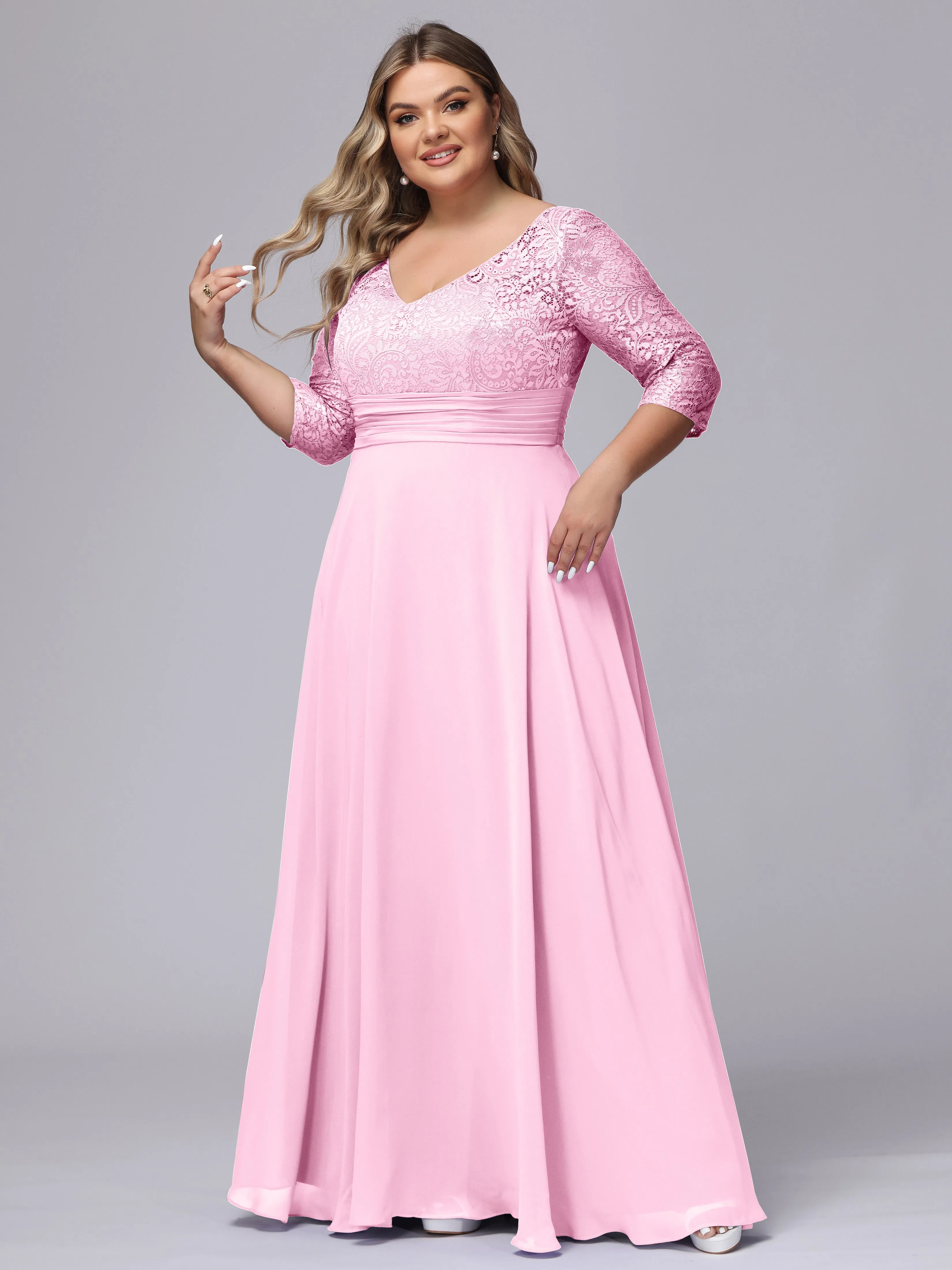 A-line V-Neck 3/4 Sleeves Lace Chiffon Plus Size Bridesmaid Dresses