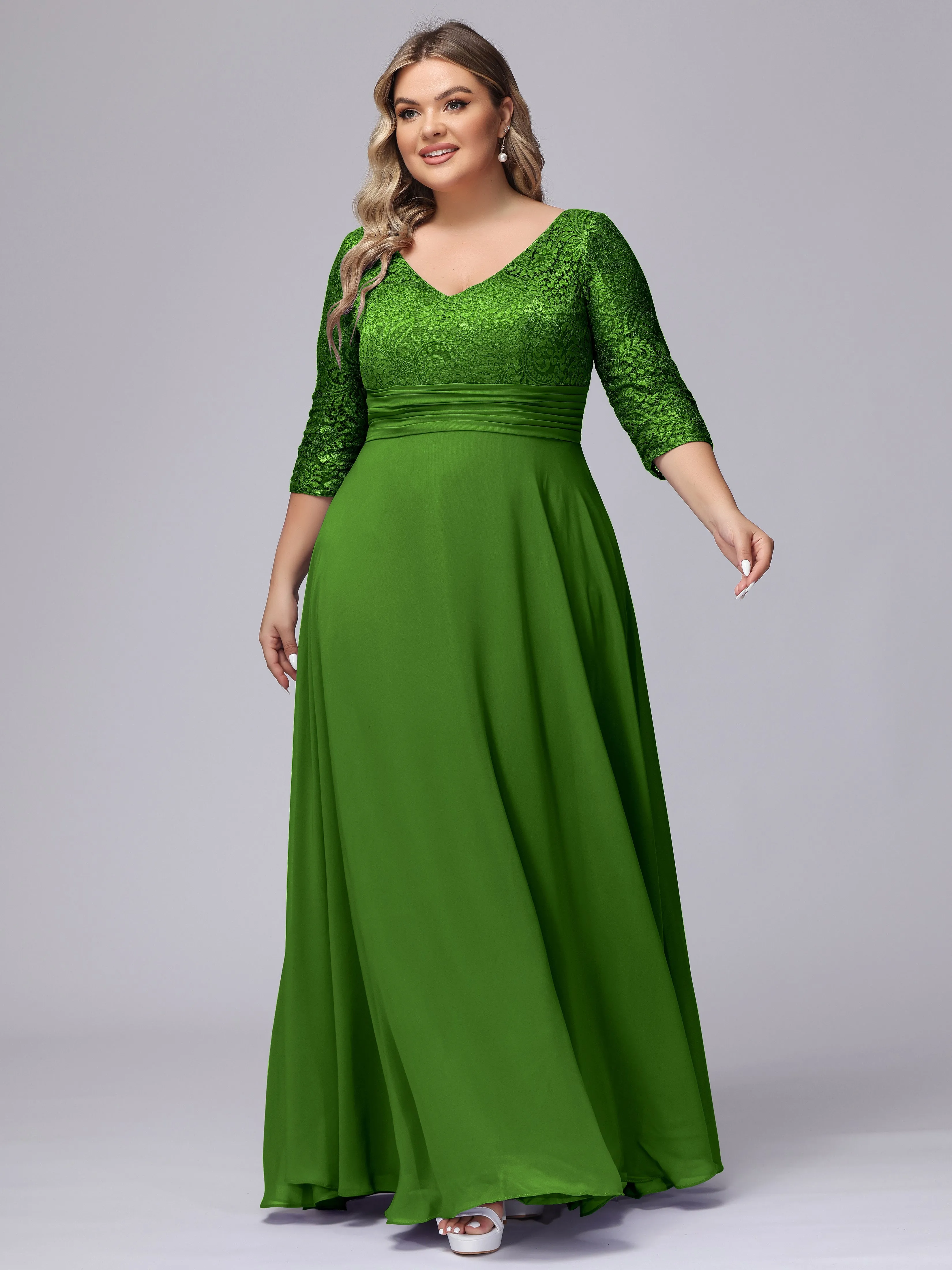 A-line V-Neck 3/4 Sleeves Lace Chiffon Plus Size Bridesmaid Dresses