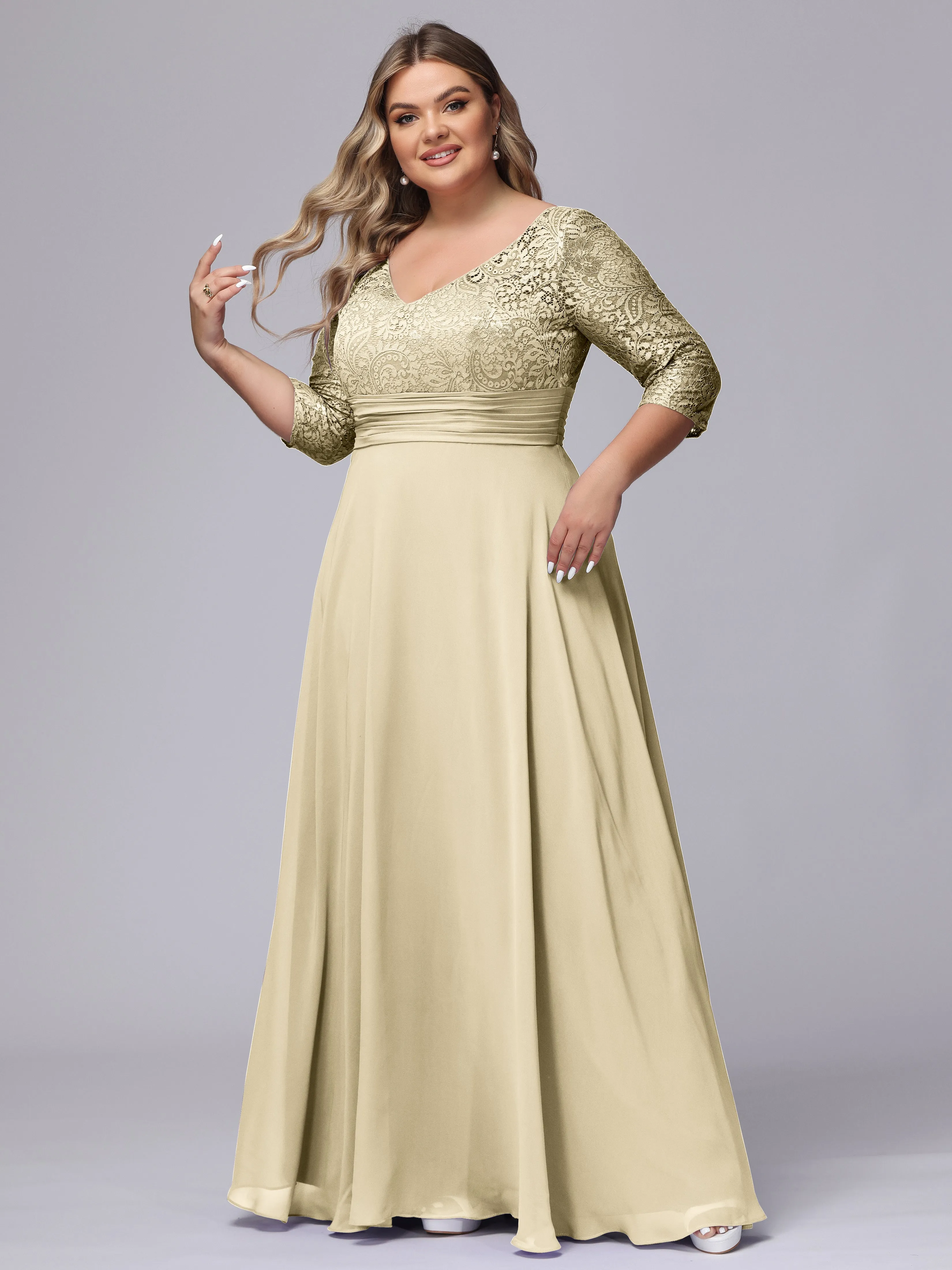 A-line V-Neck 3/4 Sleeves Lace Chiffon Plus Size Bridesmaid Dresses