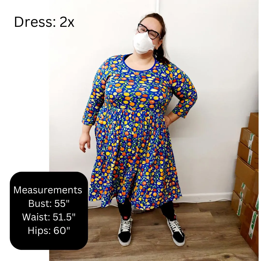 Adult's Flowers- Apricot Long Sleeve Dress With Gathered Skirt