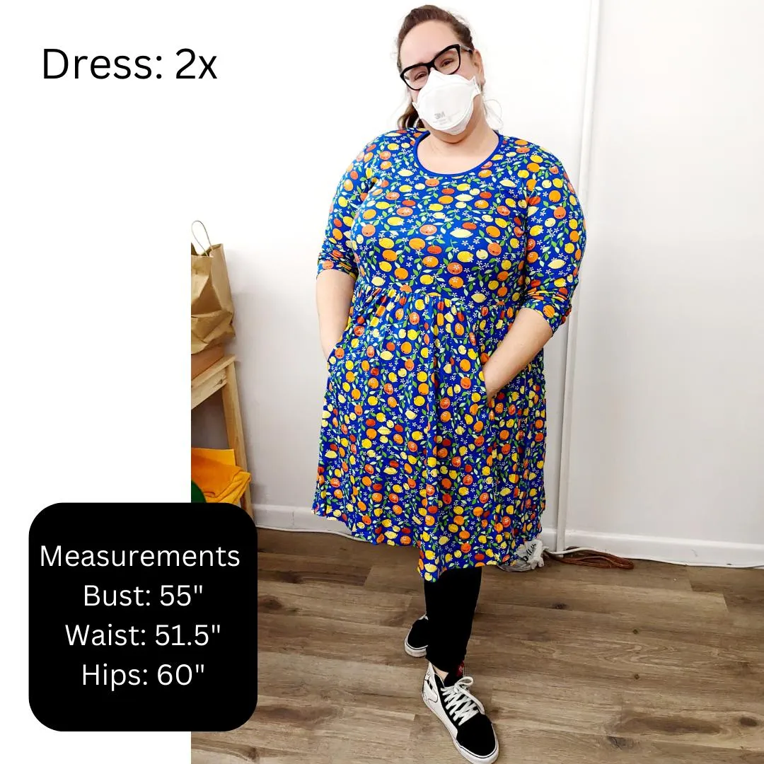 Adult's Flowers- Apricot Long Sleeve Dress With Gathered Skirt