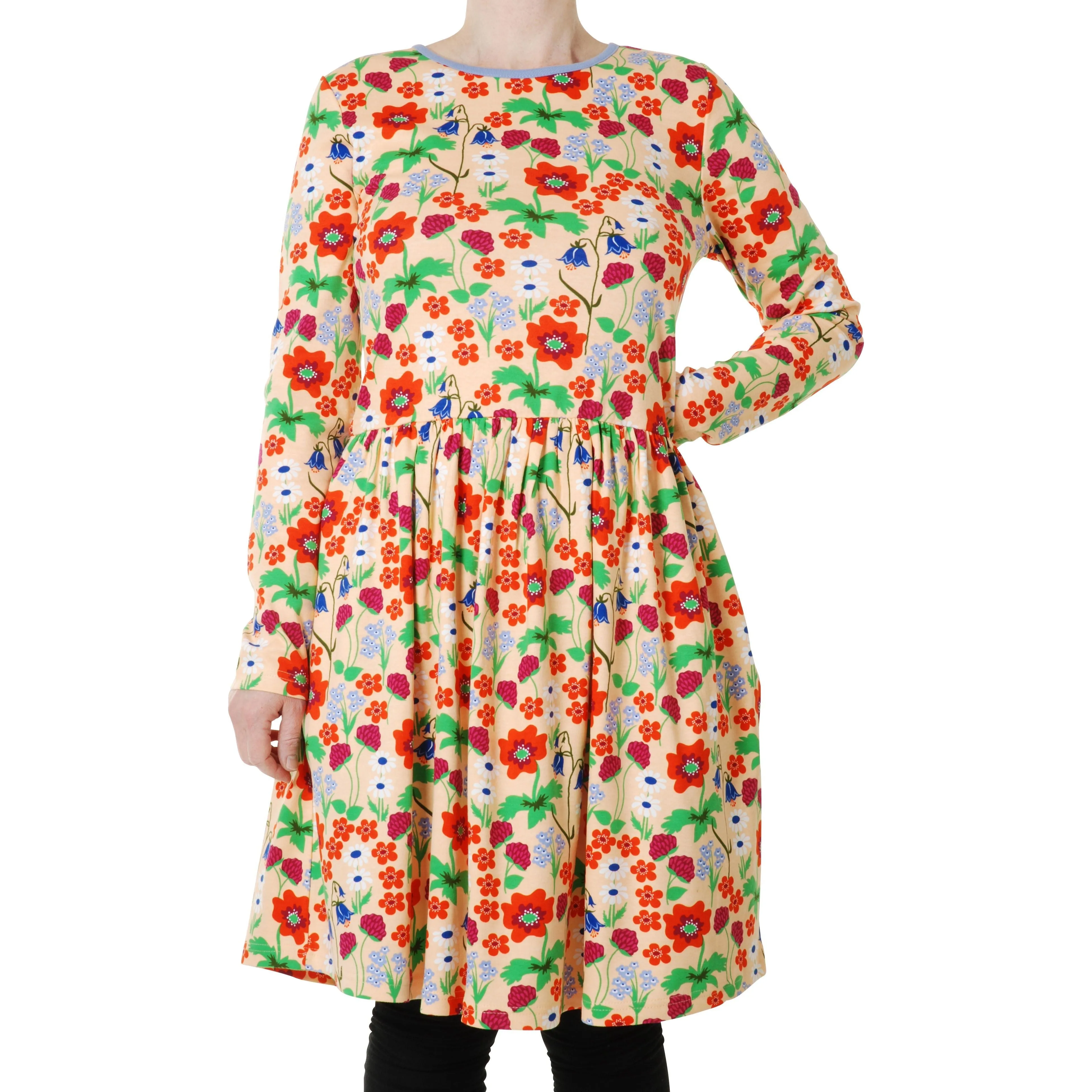Adult's Flowers- Apricot Long Sleeve Dress With Gathered Skirt