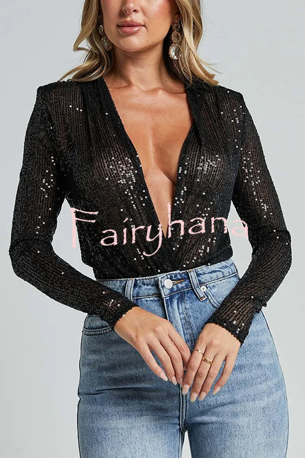 Alora Sequin Wrap Front Plunge Neck Long Sleeve Bodysuit