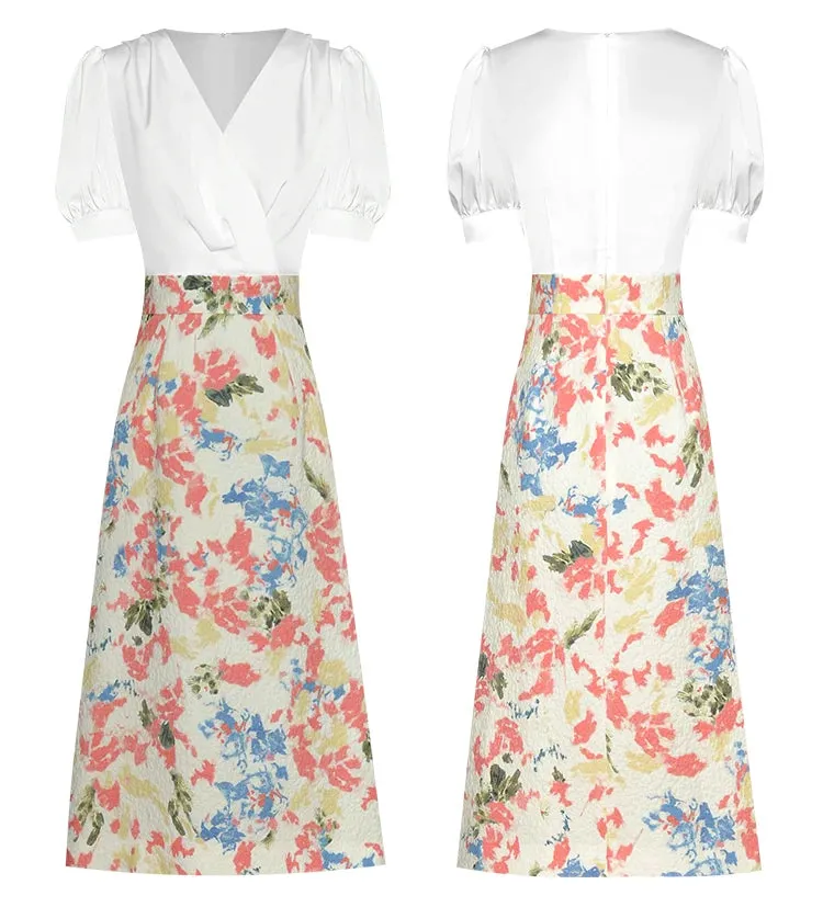 Andrea V Neck Short Sleeve High Waist Jacquard A-LINE Midi Dress