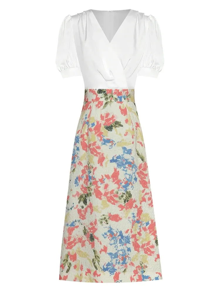 Andrea V Neck Short Sleeve High Waist Jacquard A-LINE Midi Dress
