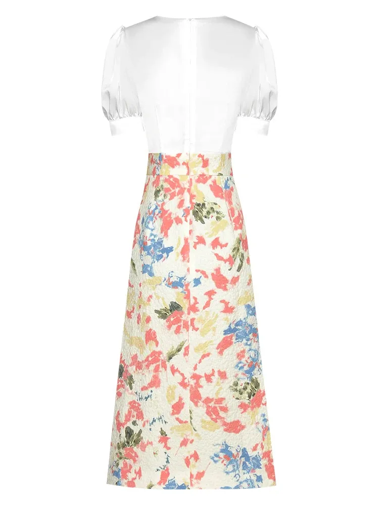 Andrea V Neck Short Sleeve High Waist Jacquard A-LINE Midi Dress