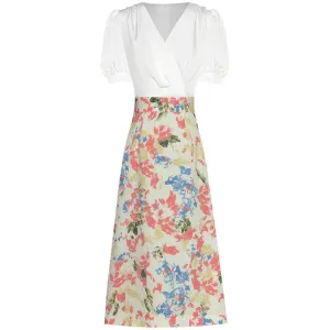Andrea V Neck Short Sleeve High Waist Jacquard A-LINE Midi Dress