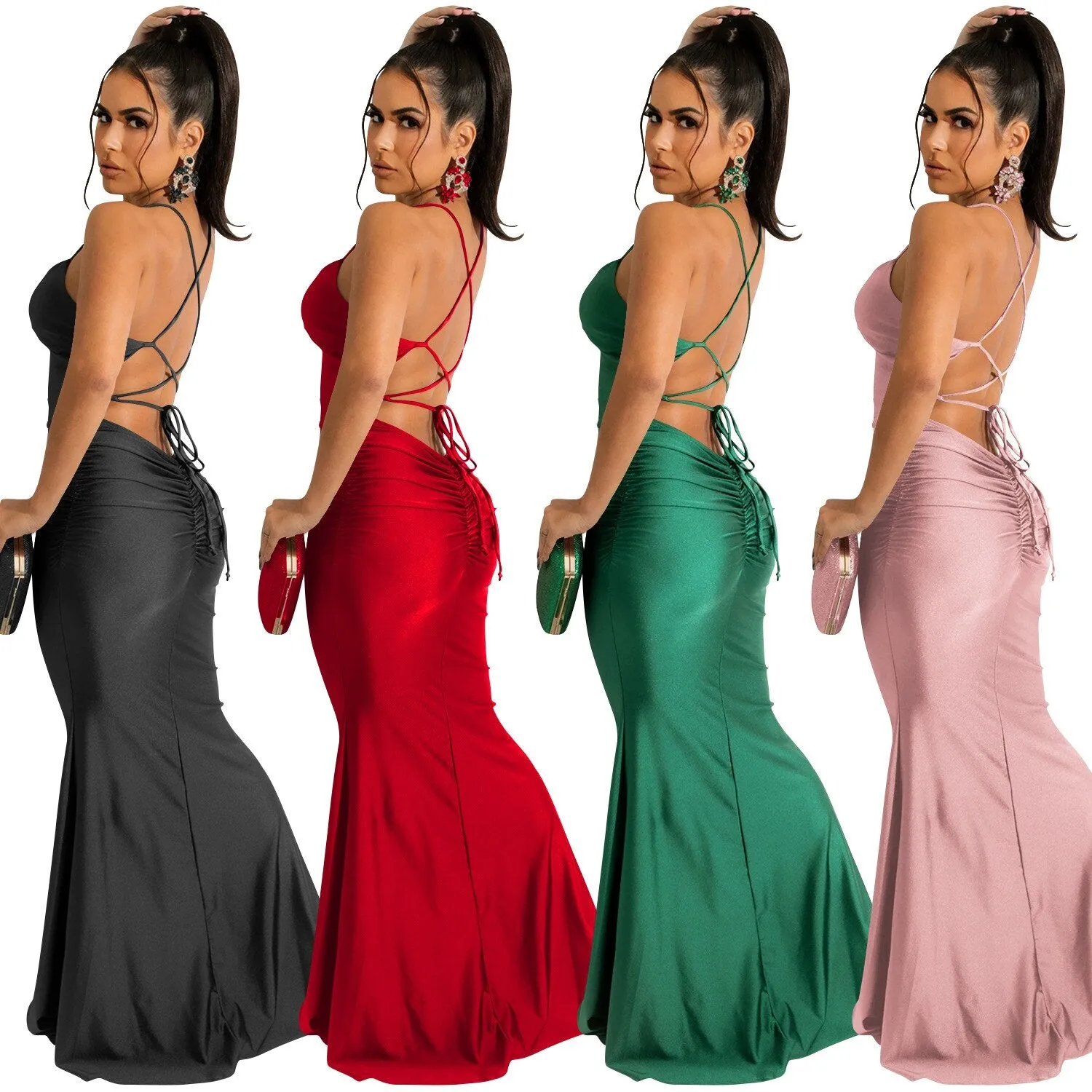 ANJAMANOR Sexy Satin Backless Long Maxi Dress