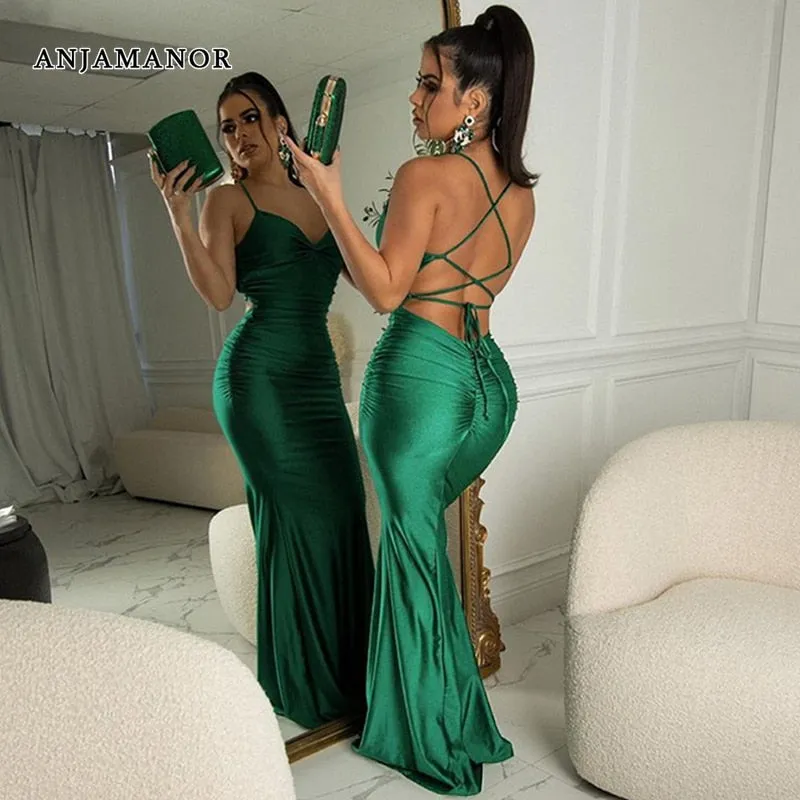 ANJAMANOR Sexy Satin Backless Long Maxi Dress