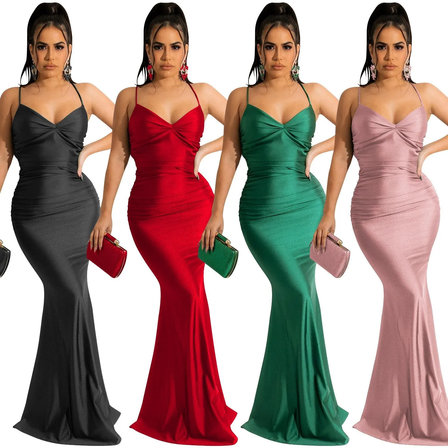 ANJAMANOR Sexy Satin Backless Long Maxi Dress
