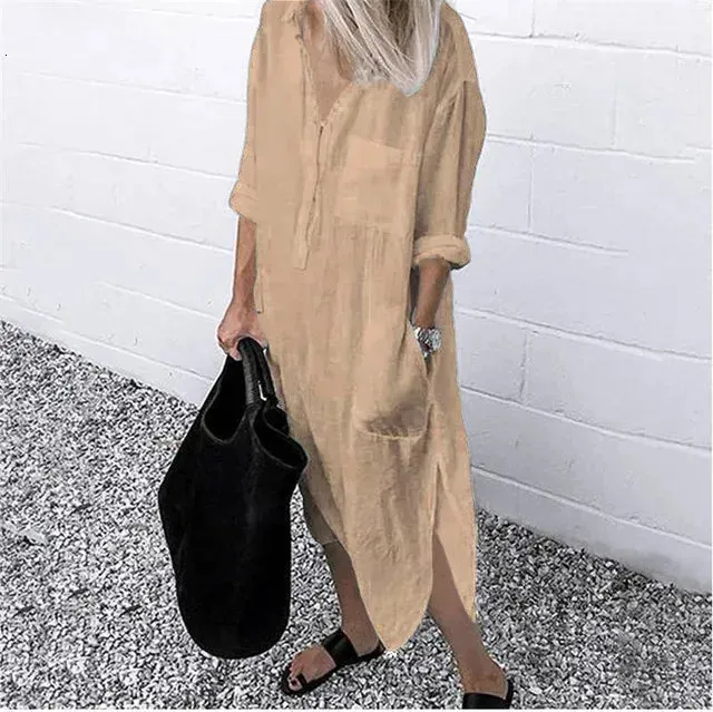 Autumn Cotton Linen Womens Shirt Dress Long Sleeve Solid White Casual Dresses Female Summer Women Plus Size Blouse 240407