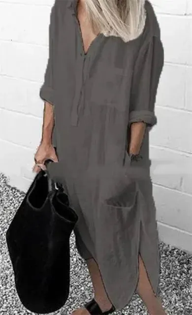 Autumn Cotton Linen Womens Shirt Dress Long Sleeve Solid White Casual Dresses Female Summer Women Plus Size Blouse 240407