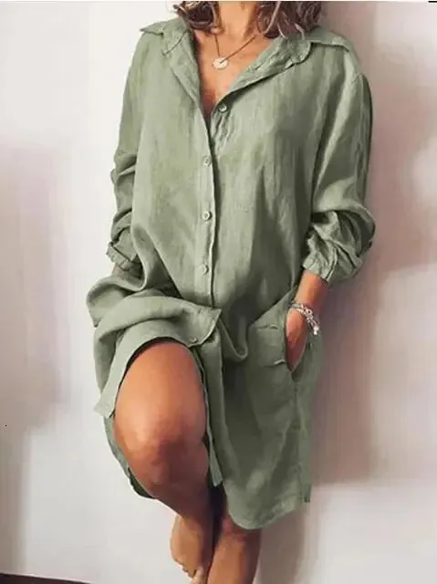 Autumn Cotton Linen Womens Shirt Dress Long Sleeve Solid White Casual Dresses Female Summer Women Plus Size Blouse 240407