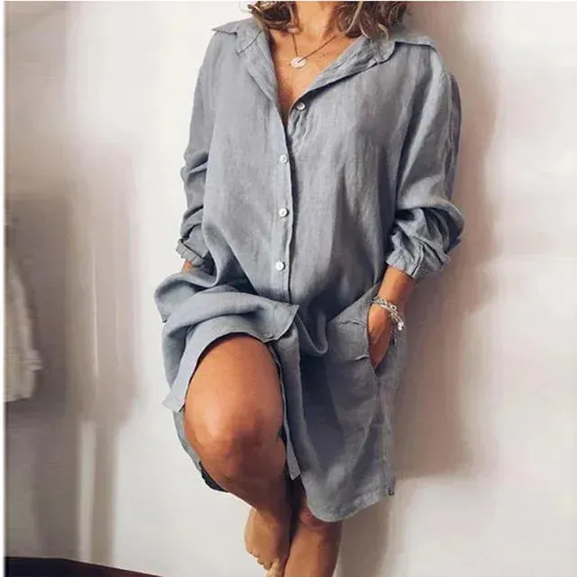 Autumn Cotton Linen Womens Shirt Dress Long Sleeve Solid White Casual Dresses Female Summer Women Plus Size Blouse 240407