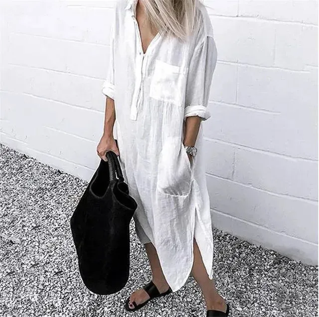 Autumn Cotton Linen Womens Shirt Dress Long Sleeve Solid White Casual Dresses Female Summer Women Plus Size Blouse 240407