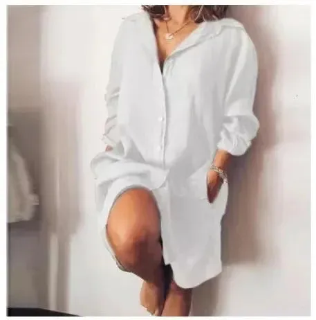 Autumn Cotton Linen Womens Shirt Dress Long Sleeve Solid White Casual Dresses Female Summer Women Plus Size Blouse 240407