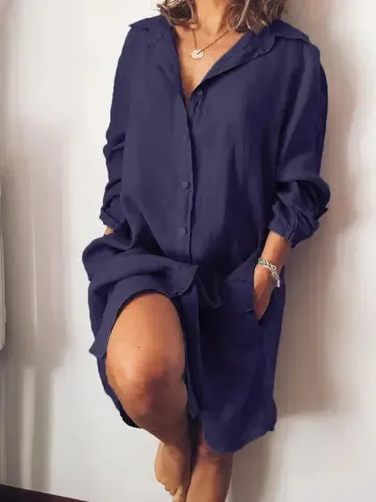 Autumn Cotton Linen Womens Shirt Dress Long Sleeve Solid White Casual Dresses Female Summer Women Plus Size Blouse 240407
