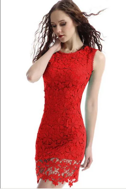Autumn Dresses Women Black white Sheath Sleeveless Knee-Length Lace Dresses Body Package Hip Sexy Dress