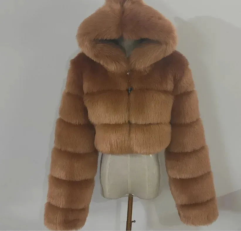 Autumn Furry Cropped Faux Fur Coats Jackets Women Fluffy Top Coat Hooded Straight Short Winter Fur Jacket Fashion Streetwear New