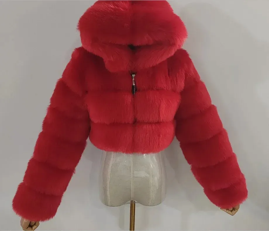 Autumn Furry Cropped Faux Fur Coats Jackets Women Fluffy Top Coat Hooded Straight Short Winter Fur Jacket Fashion Streetwear New