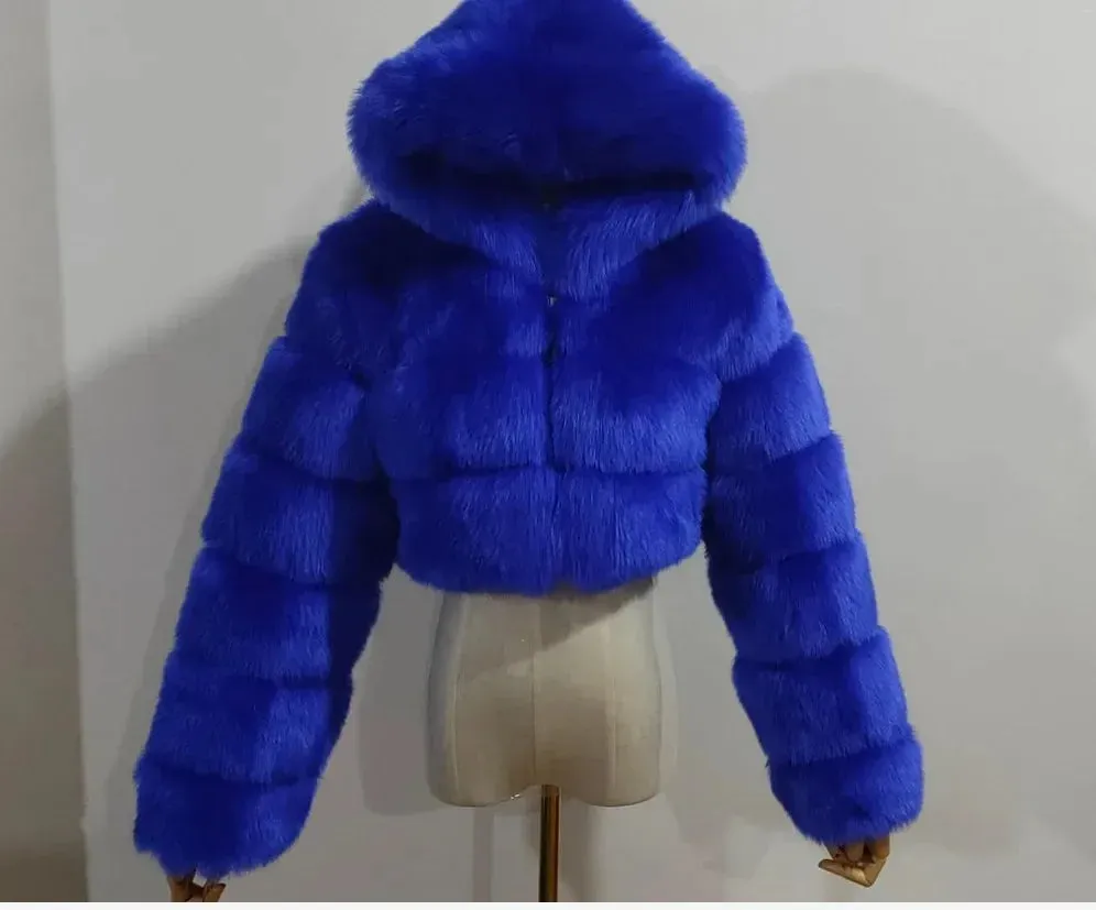 Autumn Furry Cropped Faux Fur Coats Jackets Women Fluffy Top Coat Hooded Straight Short Winter Fur Jacket Fashion Streetwear New