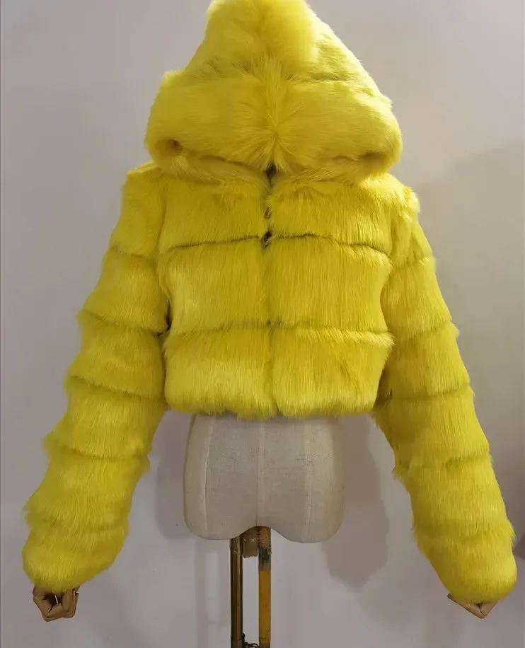 Autumn Furry Cropped Faux Fur Coats Jackets Women Fluffy Top Coat Hooded Straight Short Winter Fur Jacket Fashion Streetwear New