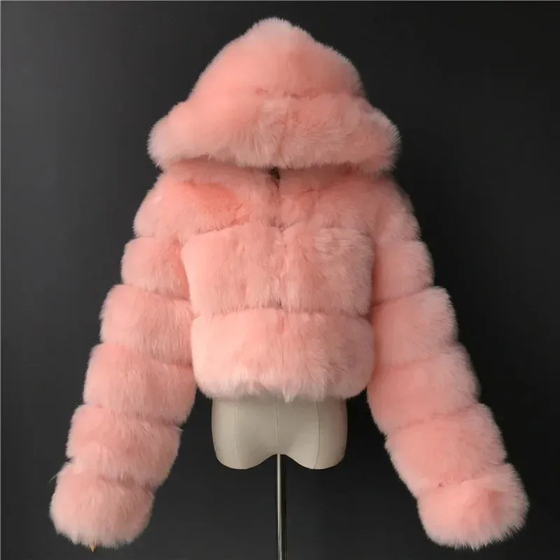 Autumn Furry Cropped Faux Fur Coats Jackets Women Fluffy Top Coat Hooded Straight Short Winter Fur Jacket Fashion Streetwear New