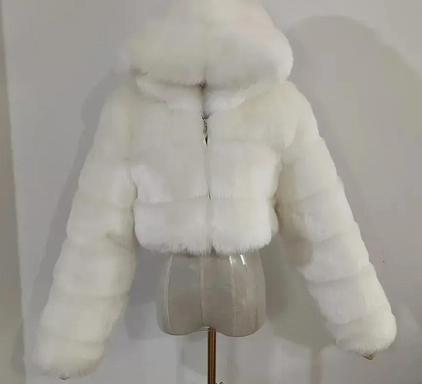Autumn Furry Cropped Faux Fur Coats Jackets Women Fluffy Top Coat Hooded Straight Short Winter Fur Jacket Fashion Streetwear New