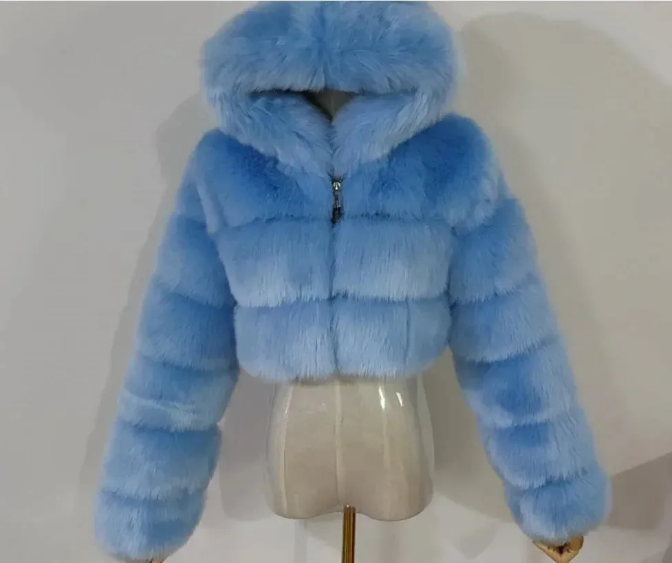 Autumn Furry Cropped Faux Fur Coats Jackets Women Fluffy Top Coat Hooded Straight Short Winter Fur Jacket Fashion Streetwear New