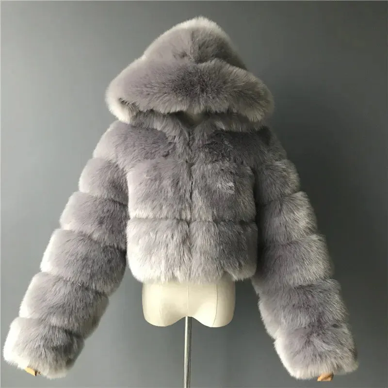 Autumn Furry Cropped Faux Fur Coats Jackets Women Fluffy Top Coat Hooded Straight Short Winter Fur Jacket Fashion Streetwear New