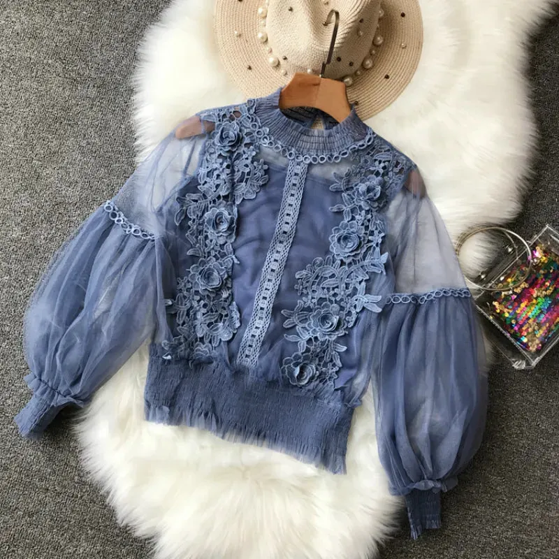 Autumn Women Mesh Tops Fashion Sexy Sheer Lace Blouse Lantern Sleeve 3D Floral Blouses Shirts Elegant Top Blusas Femininas  26